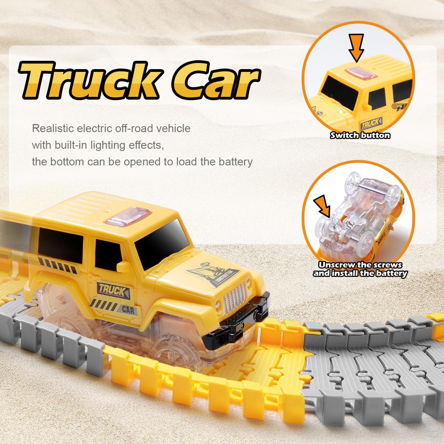 264PCS Glow-in-the-Dark Construction Race Track Set with 2 Light-Up Cars & 3 Construction Vehicles, Flexible DIY Toy for Kids Ages 3-9