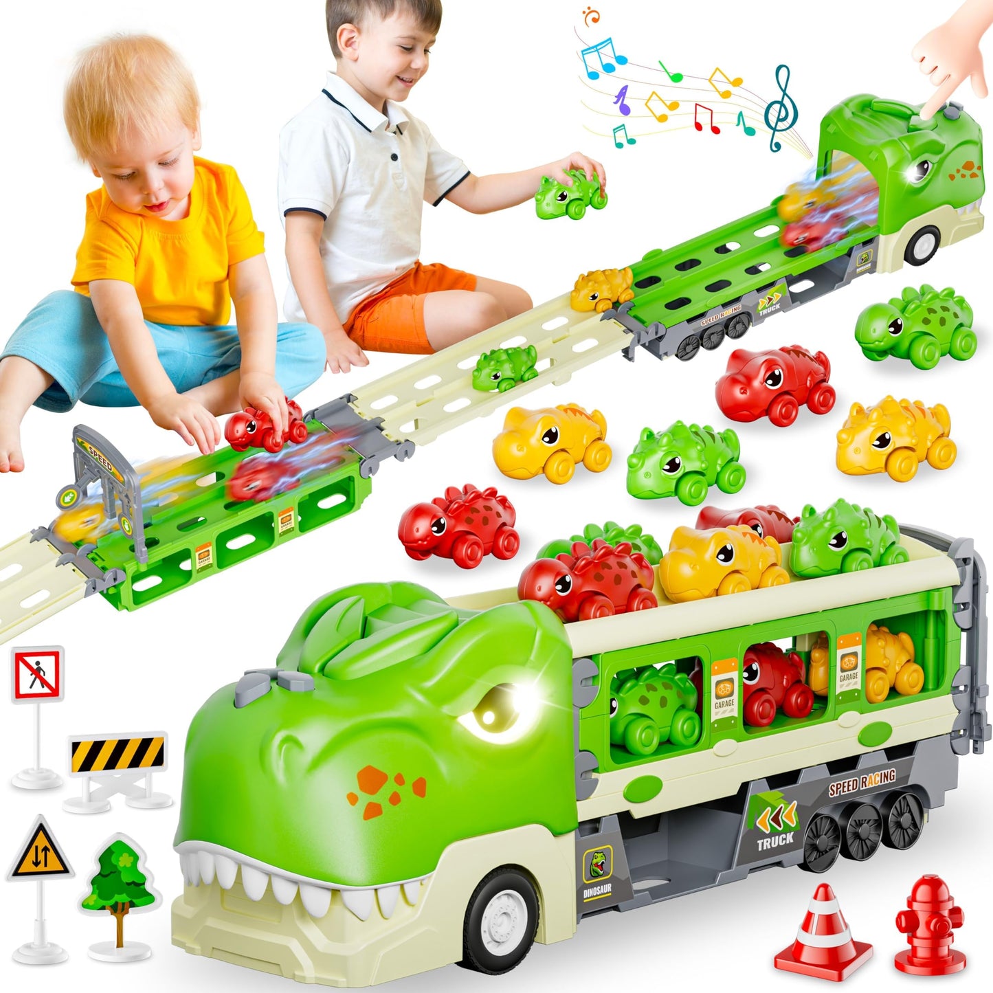 Funwee Dinosaur Truck Toy Set for Kids Ages 2-7 – Foldable Track, 2-Player Race, Lights & Sounds, 6 Dino Cars + 12 Accessories, Birthday Gift