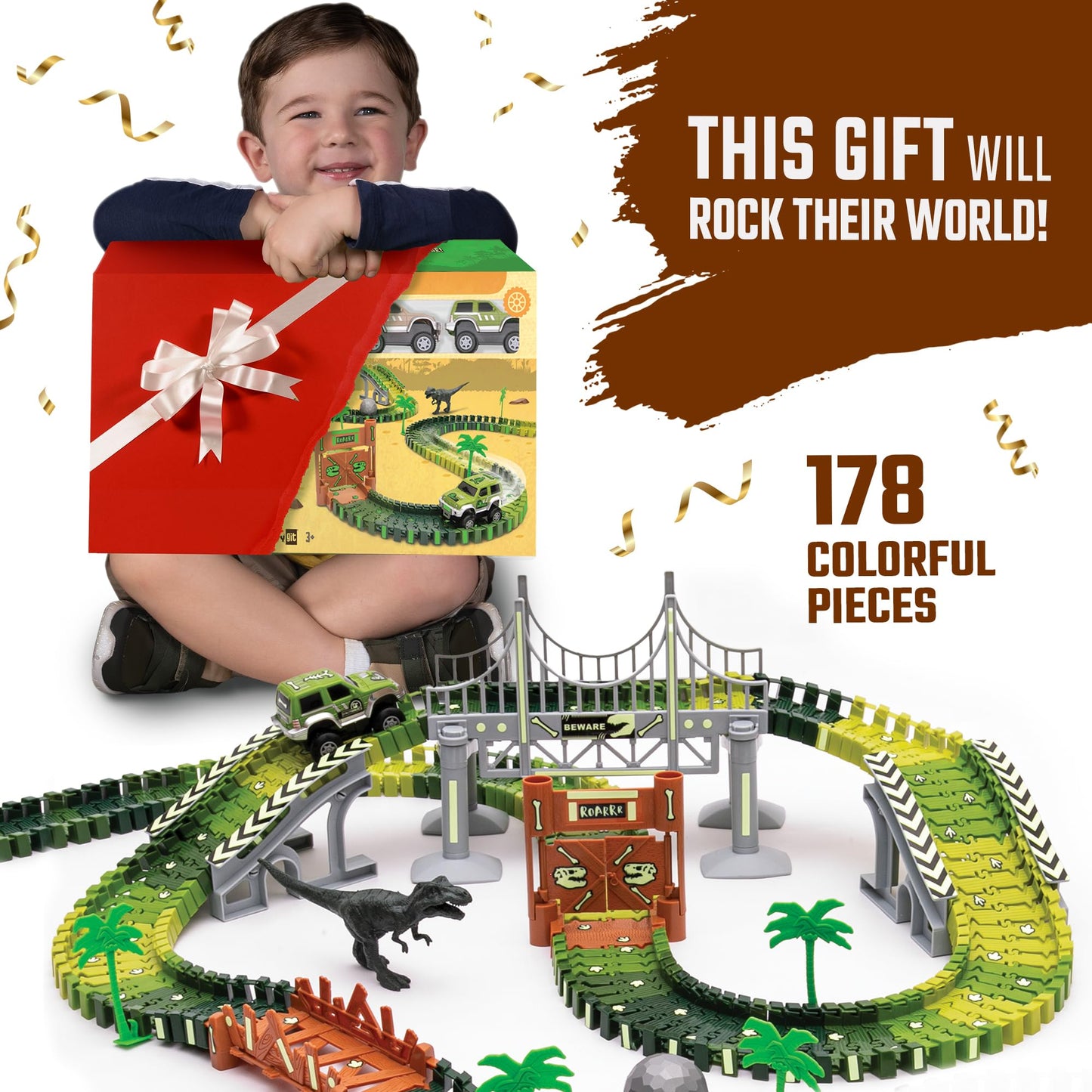 JITTERYGIT Dinosaur Jurassic Glow-in-the-Dark Race Track Toy Set with T-Rex & Triceratops – Dino Racetrack Park for Kids Ages 3-8