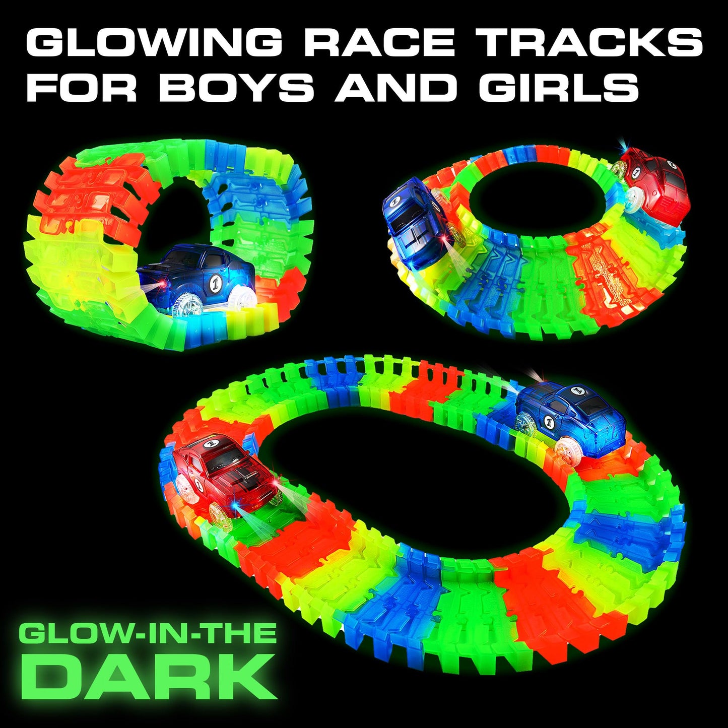 USA Toyz Glow Tracks Starter Kit – 216pc Bendable Glow-in-the-Dark Rainbow Race Track with 2 LED Cars, STEM Toy for Kids