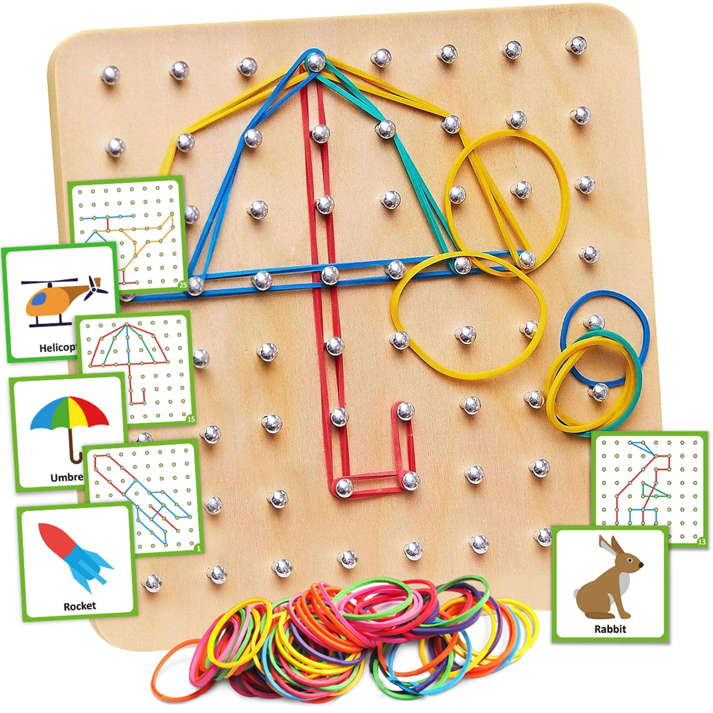 Panda Brothers Wooden Geoboard โ Montessori STEM Toy for Kids Ages 3-5, Includes 30 Pattern Cards & 40 Rubber Bands for Creative Learning