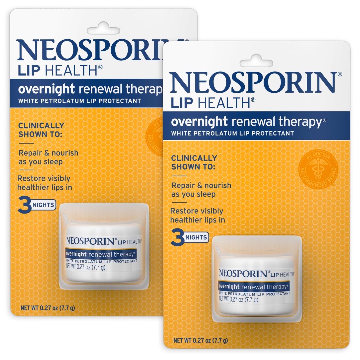 Neosporin Lip Health Overnight Renewal Therapy - White Petrolatum Lip Protectant & Moisturizer for Dry, Chapped Lips Repair, 0.27 oz, 2 Pack