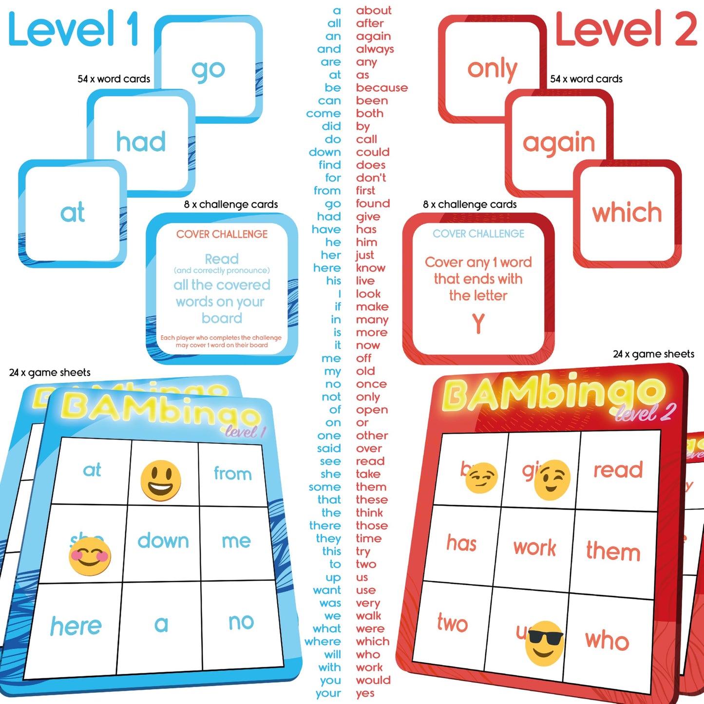 THE BAMBINO TREE Sight Word Bingo Game Levels 1 & 2 - Fun Educational Reading Game for Kids, Kindergarten & 1st Grade - Dolch & Fry Word Lists