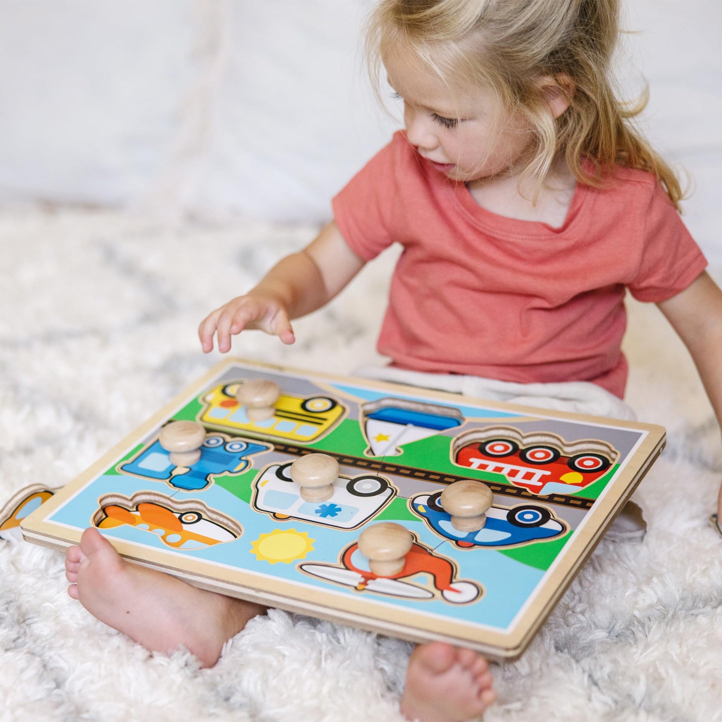 Melissa & Doug Vehicle Jumbo Knob Puzzle, Wooden Peg Puzzle for Toddlers, Educational Toy for Shape Recognition and Fine Motor Skills, Ages 1+