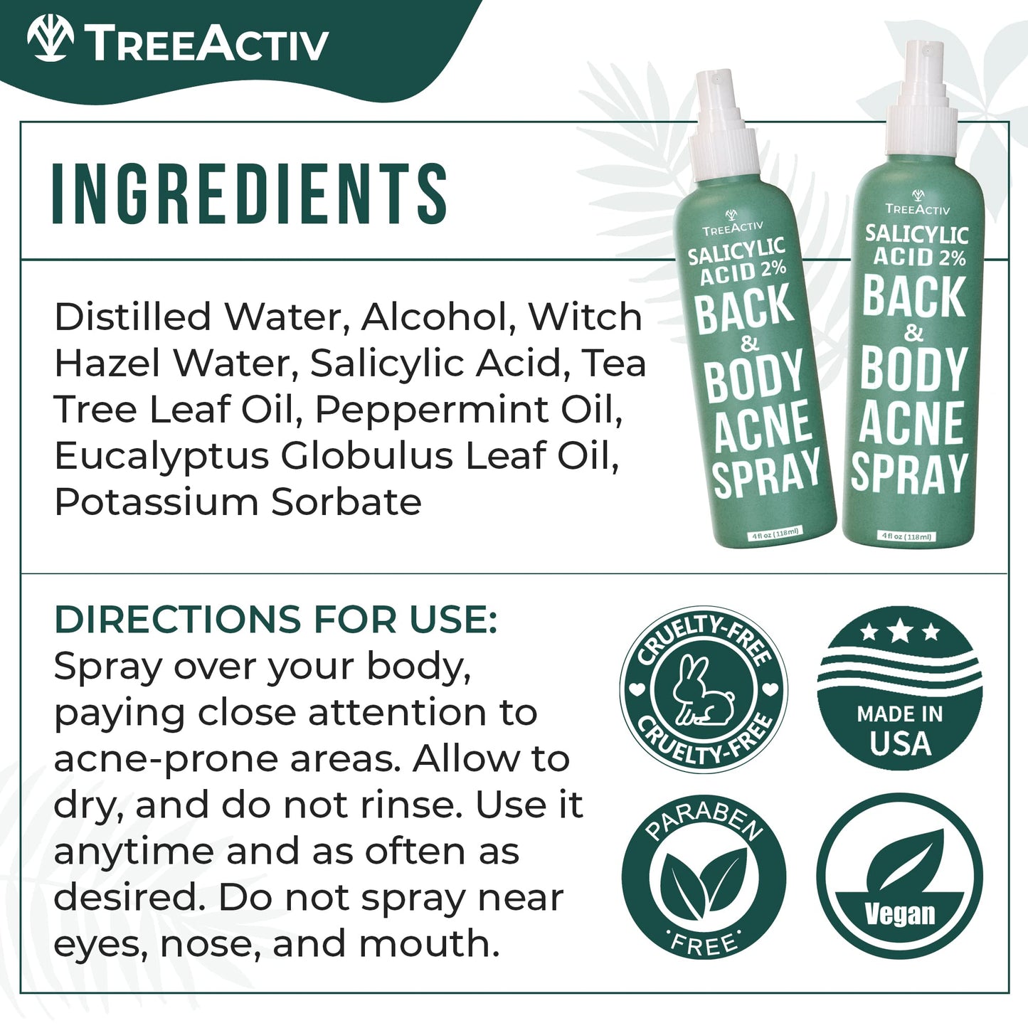Salicylic Acid Back & Body Acne Spray for Men & Women, Tea Tree Oil Mist, Fast-Drying Body Acne Treatment, 4 fl oz, 2-Pack