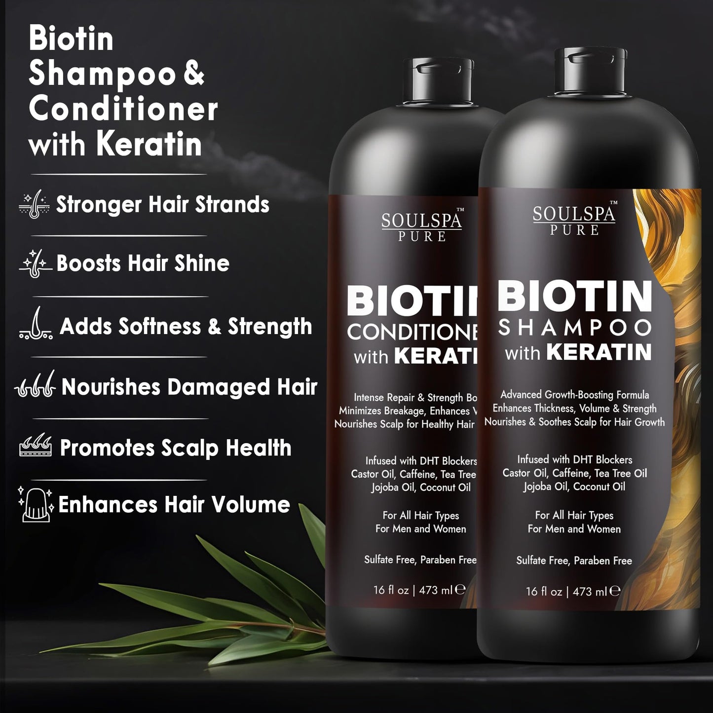 Biotin & Keratin Shampoo and Conditioner Set | Sulfate-Free Anti-Thinning Hair Growth Formula with DHT Blockers | Repair for Men & Women, 16 fl oz Each