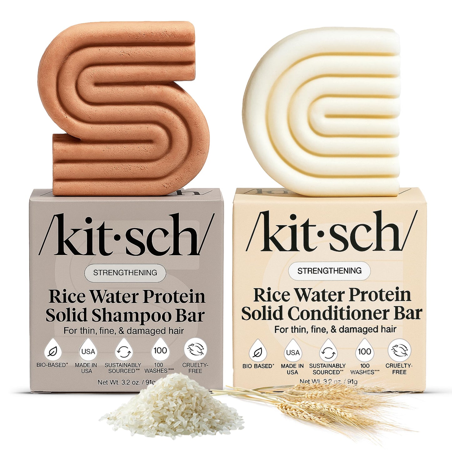 Kitsch Rice Water Protein Shampoo & Conditioner Bar Set – Strengthening Duo for Hair Growth & Damage Repair – Vitamin-Rich, Sulfate & Paraben Free, Made in USA