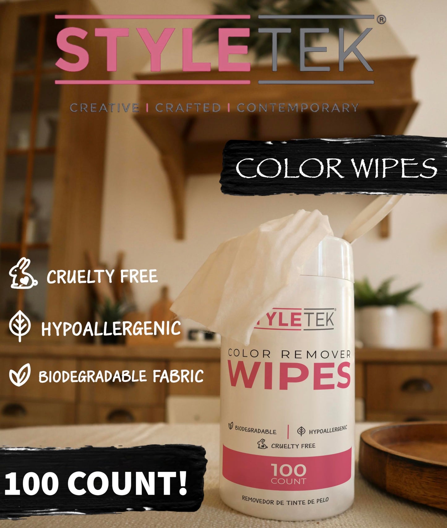 STYLETEK COLOR REMOVER WIPES, 100 PER CANNISTER, HAIR DYE REMOVER, SENSITIVE AND NON-IRRITATING, BIODEGRADABLE FABRIC