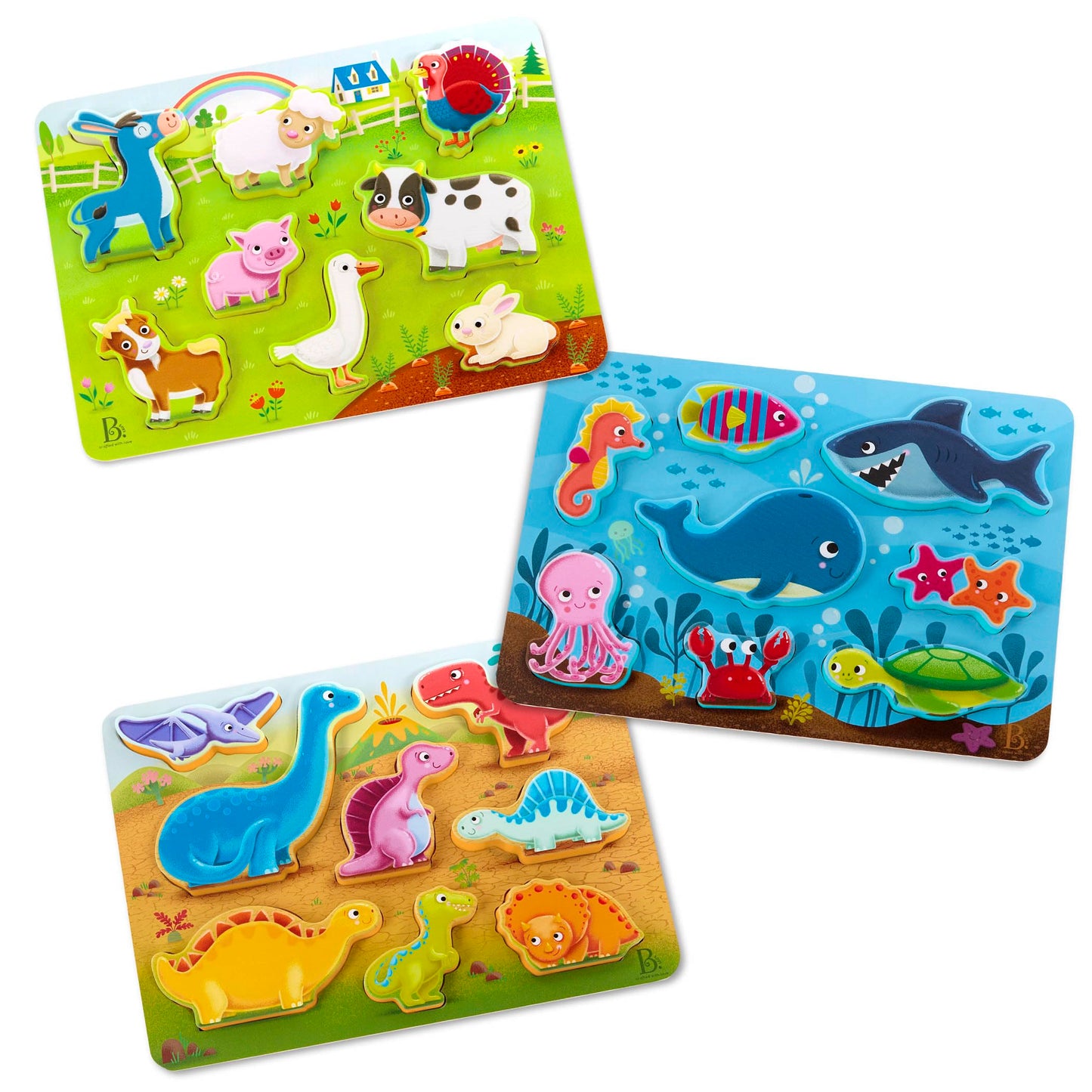 B. toys – Peek & Explore 3 – Pack – Farm, Sea, Dinos – Chunky Puzzle 3 – Pack – Wooden Puzzles – 8 Pieces Each – 2+ Years
