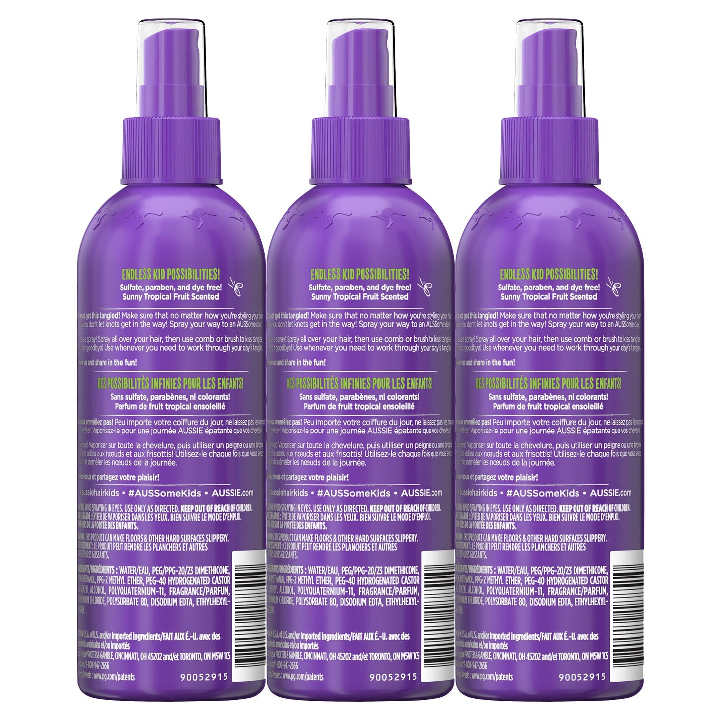 Aussie Kids Moist Detangler Spray, Sulfate & Paraben Free, Moisturizing & Tangle-Free Hair Care for Kids, Cruelty-Free, 8 Fl Oz Each, 3 Pack