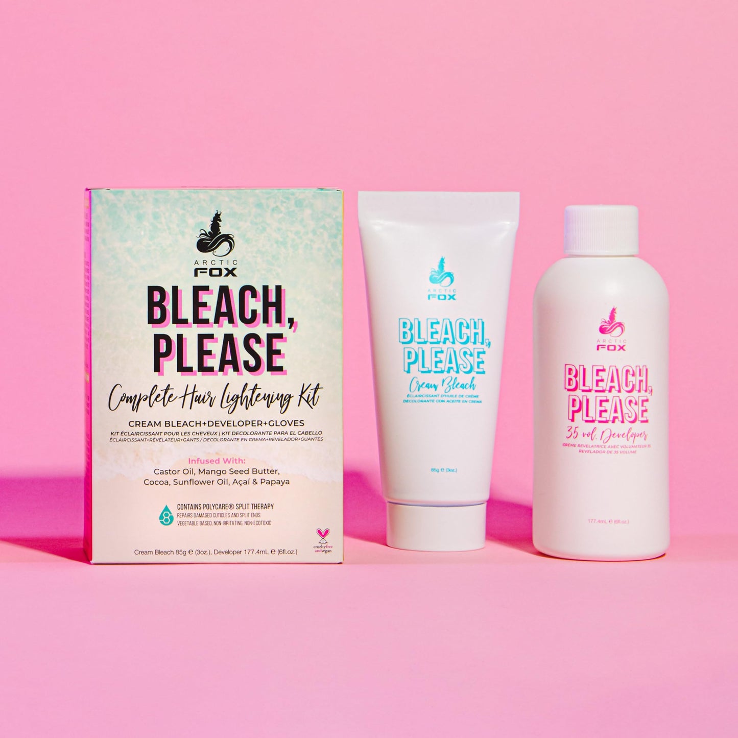 ARCTIC FOX Bleach Please Hair Lightening Kit – 35 Volume Developer with Acai, Cocoa, Sunflower & Papaya Oils – Vegan, Cruelty Free, Latex-Free Gloves