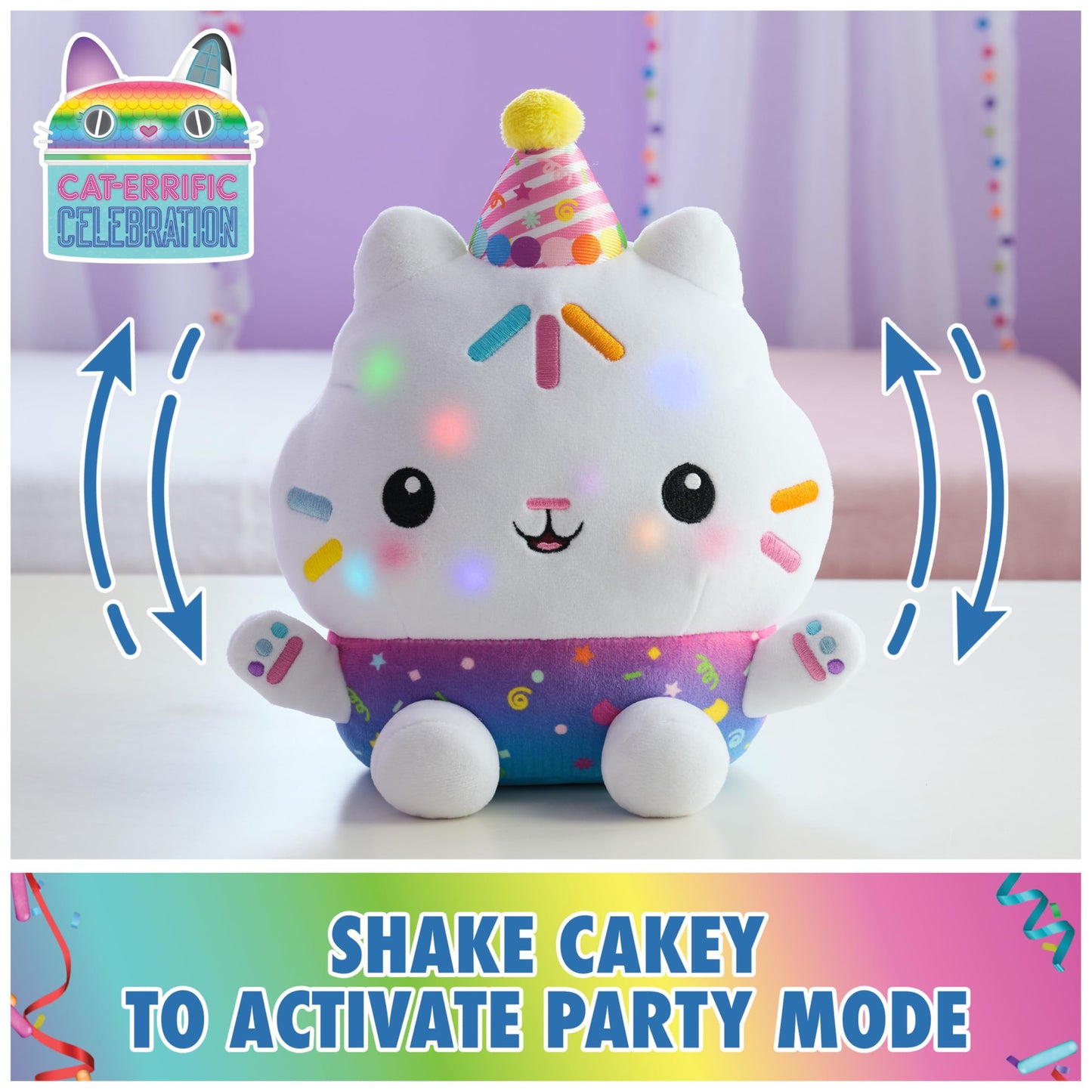 Gabby’s Dollhouse Celebrations, Sprinkle Party Cakey Cat Plush, 10-Inch Interactive Stuffed Animal with Sounds, Kids Toys for Girls & Boys Ages 3+