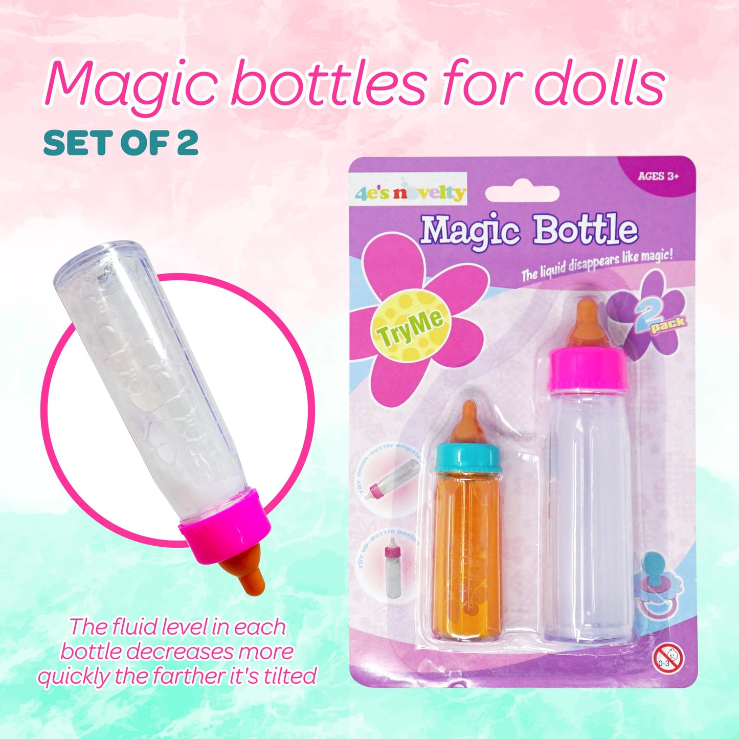 4E's 2-Pack Baby Doll Bottles with Magic Disappearing Milk & Juice – Doll Accessories Toy for Toddlers & Kids, Gift for Ages 3-7