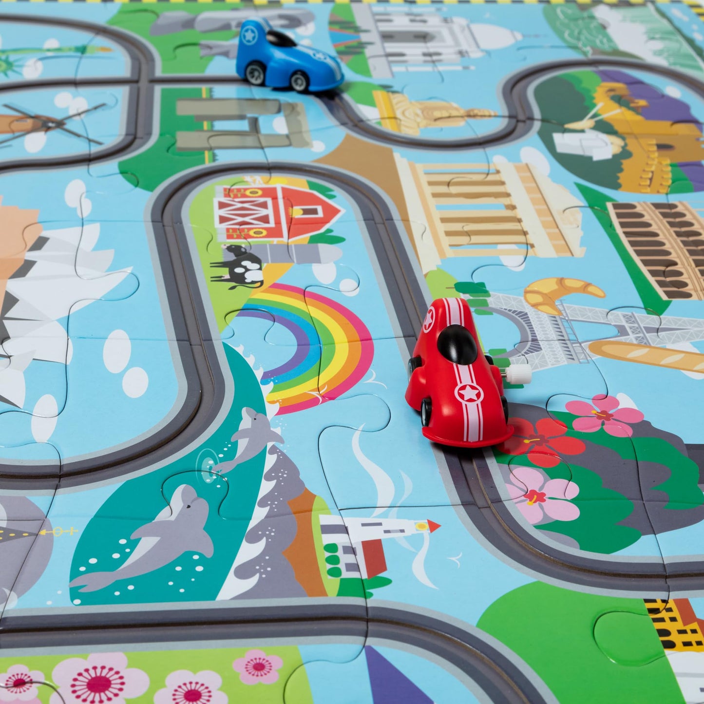 Melissa & Doug Race Around the World Floor Puzzle – 48-Piece Jigsaw with Wind-Up Vehicles, FSC-Certified, Educational Toy for Kids Ages 4+