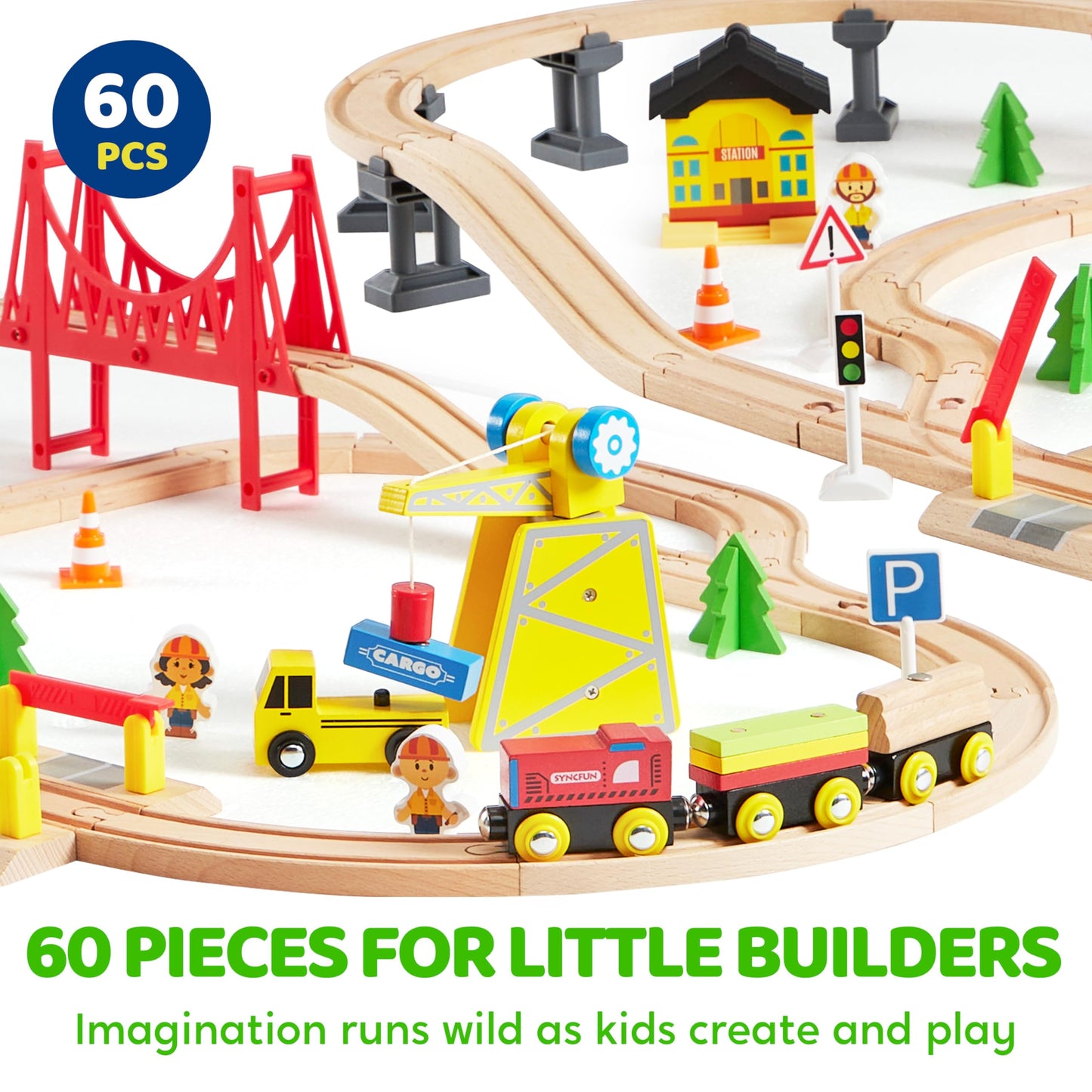 60PCS Wooden Train Set - Construction Express Railway with Magnetic Crane, Trains & Accessories, Fun Birthday & Christmas Gift for Kids 2-8