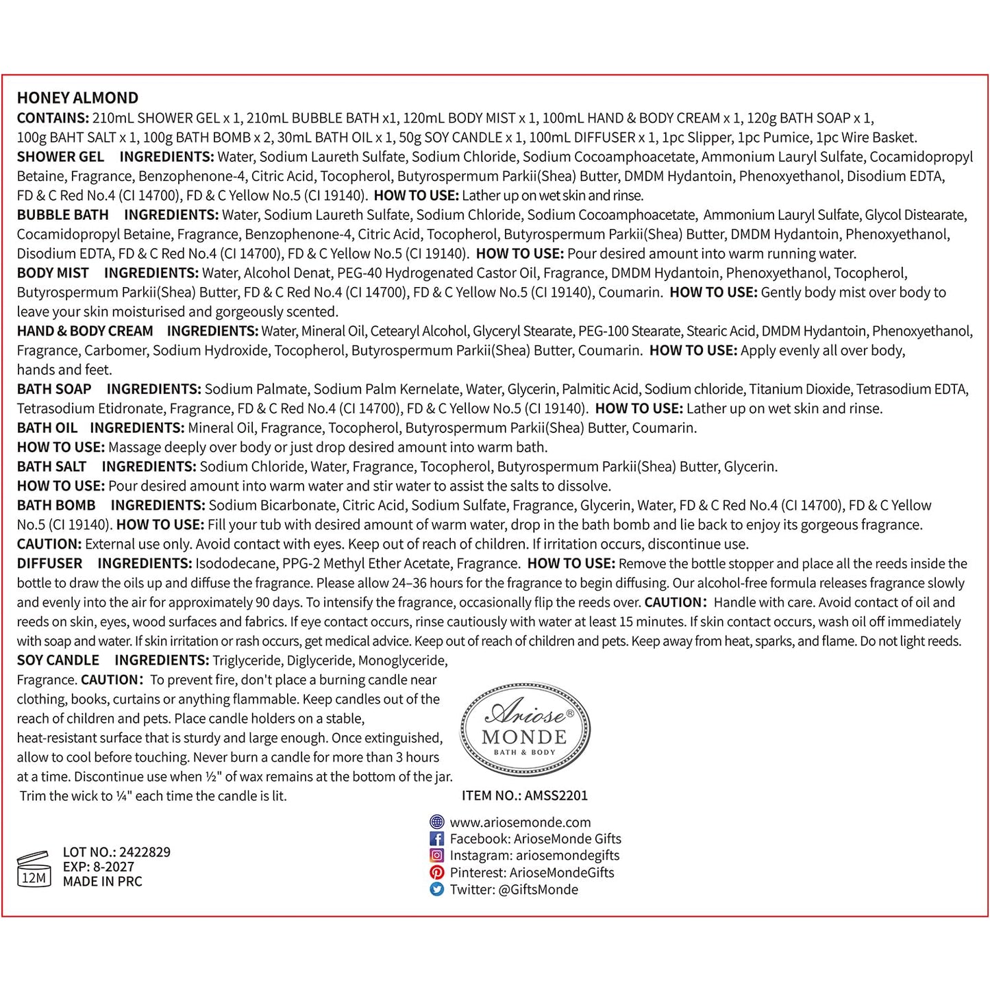 Luxury Bath & Body Gift Set – Honey Almond Spa Basket, 15-Piece Relaxing Home Spa Kit with Bubble Bath, Bath Salts & Body Lotion for Women & Teens