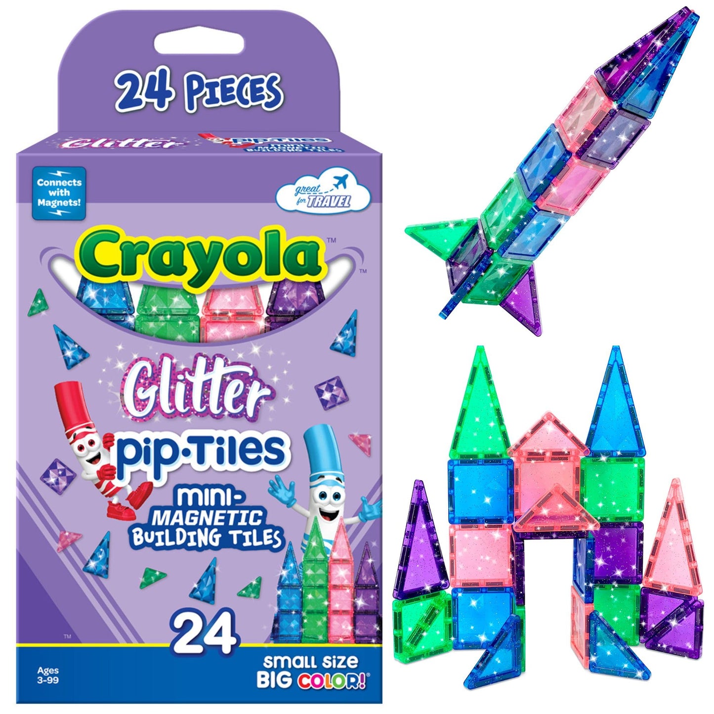 CreateOn Crayola Mini Magnetic PIP-Tiles, 24-Piece Glitter Building Set, STEM Magnetic Toys for Kids 3+, Travel-Friendly Fun