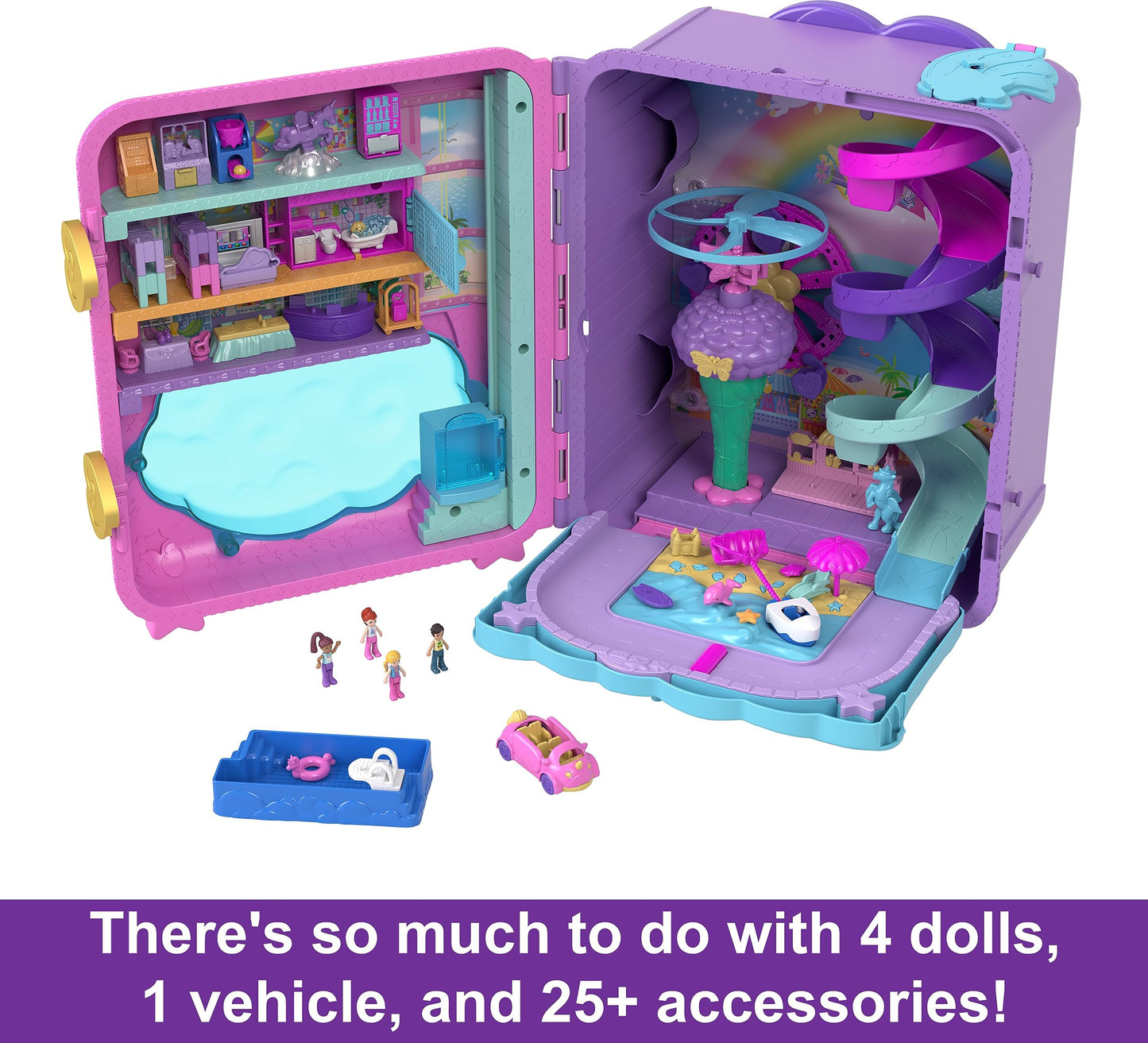 Polly Pocket Dolls, Playset and Travel Toys, 4 Dolls, 1 Vehicle, 25+ Accessories, Resort Roll Away (Amazon Exclusive)