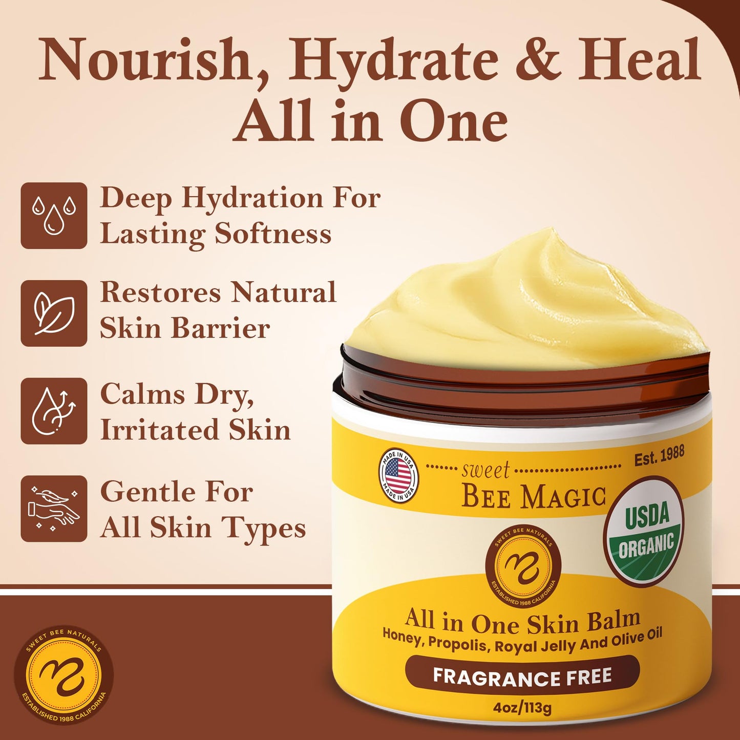 Sweet Bee Magic Organic Healing Balm - All-in-One Beeswax Cream for Dry Skin, Face & Body Moisturizer, Natural & Certified Organic, 4oz Jar