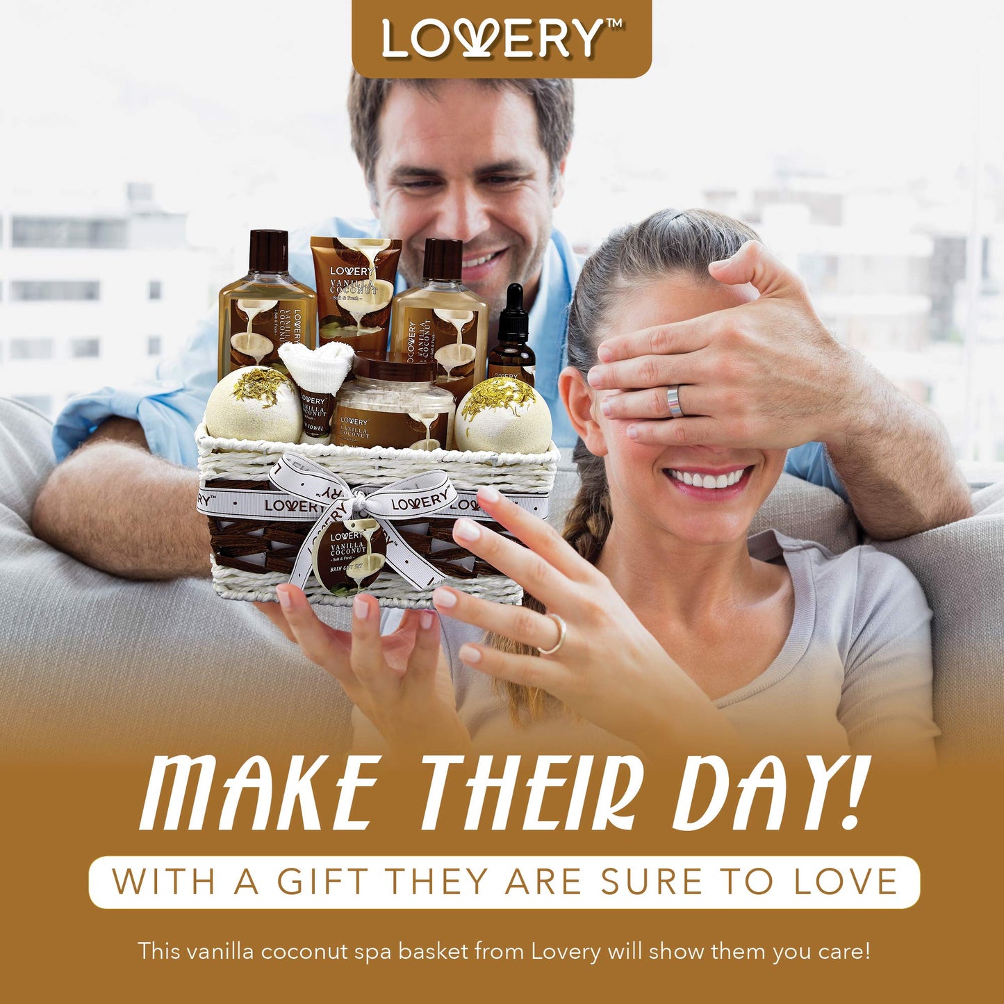 Gifts for Women Spa Basket β 9-Piece Vanilla Coconut Set with Lotions, Bath Bombs, Coconut Oil, Luxury Towel & More