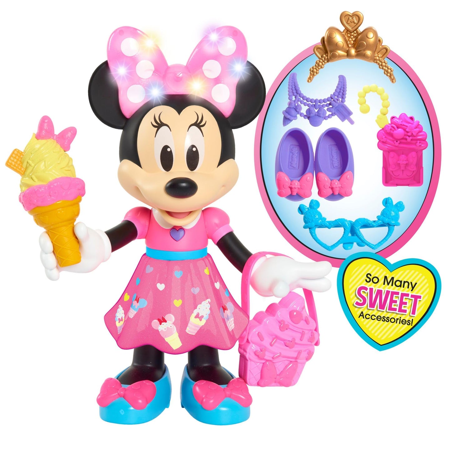 Disney Junior Minnie Mouse Sweets & Treats 10" Interactive Doll with Lights, Sounds & Accessories, Kids Toy Ages 3+, Amazon Exclusive