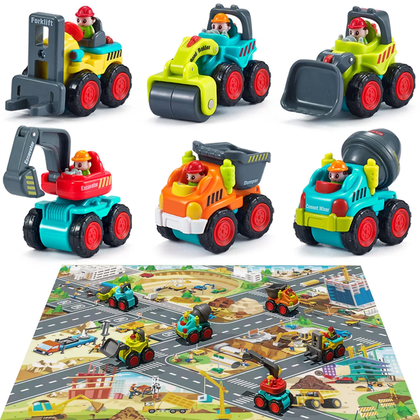 iPlay iLearn Toddler Construction Trucks Set with Playmat – Mini Push Go Cars, Excavator, Dump & Bulldozer, Gifts for 6-36 Month Boys