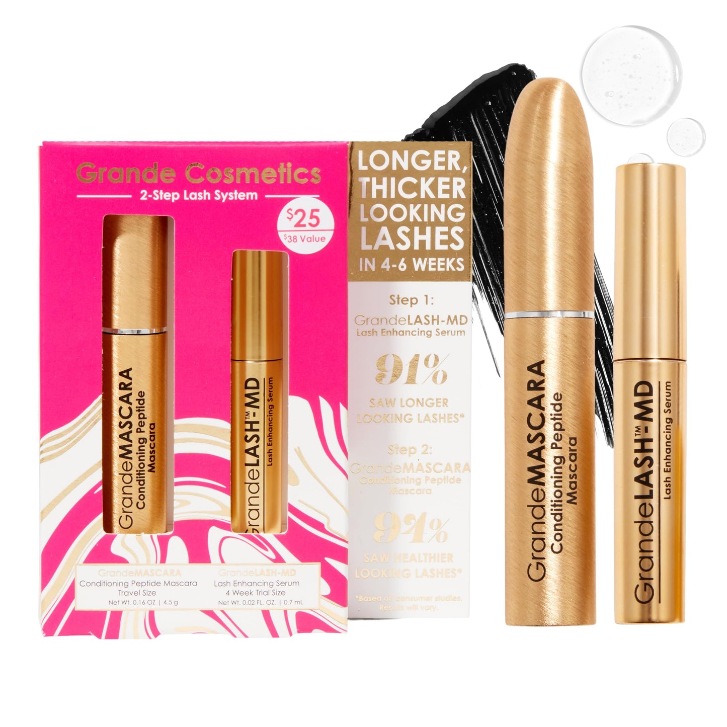 Grande Cosmetics 2-Step Lash System Set, GrandeLASH-MD & GrandeMASCARA Conditioning Peptide Mascara for Fuller, Healthier, Longer-Looking Lashes