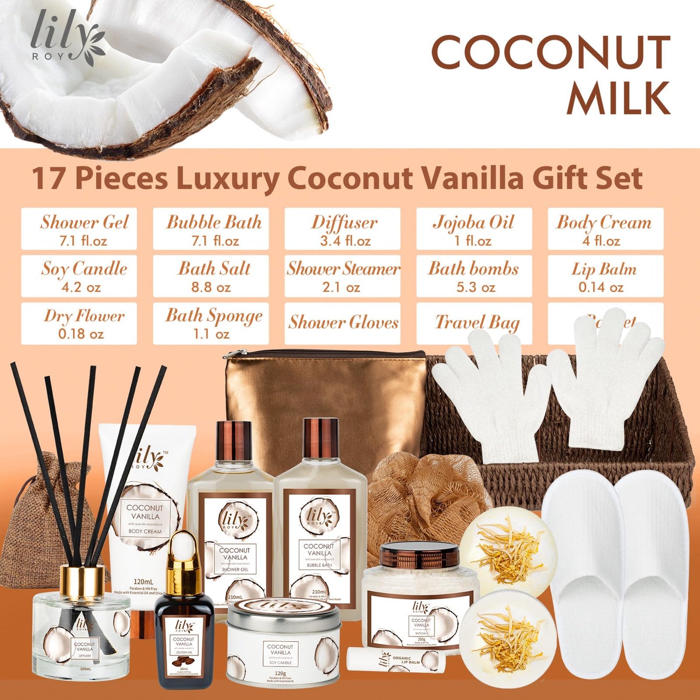 Bath & Body Gift Basket for Women – 17-Piece Coconut Vanilla Spa Set, Christmas, Birthday, Mother’s Day Self-Care Gifts