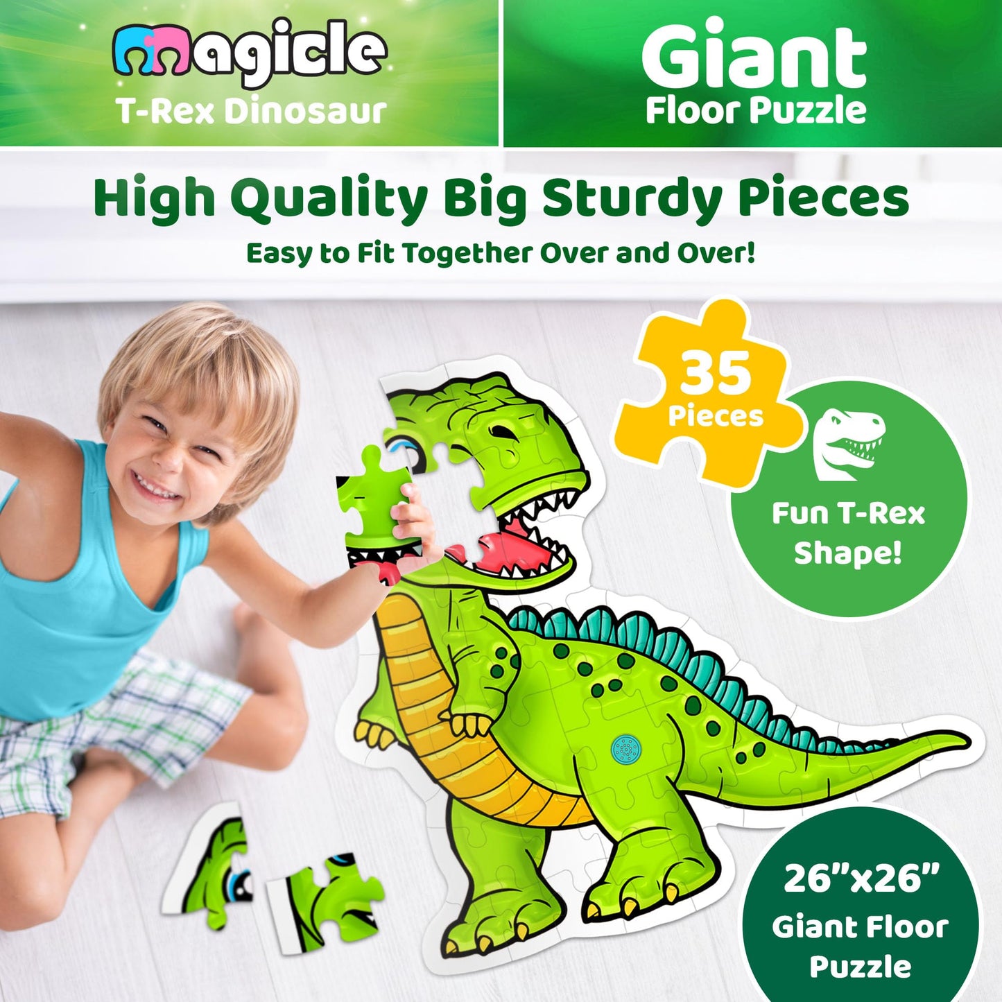 Dinosaur Giant Floor Puzzle with Sounds – 35 Extra-Thick Pieces, Educational Puzzle Toy for Kids Ages 3-8, Fun Dinosaur Gift for Boys & Girls