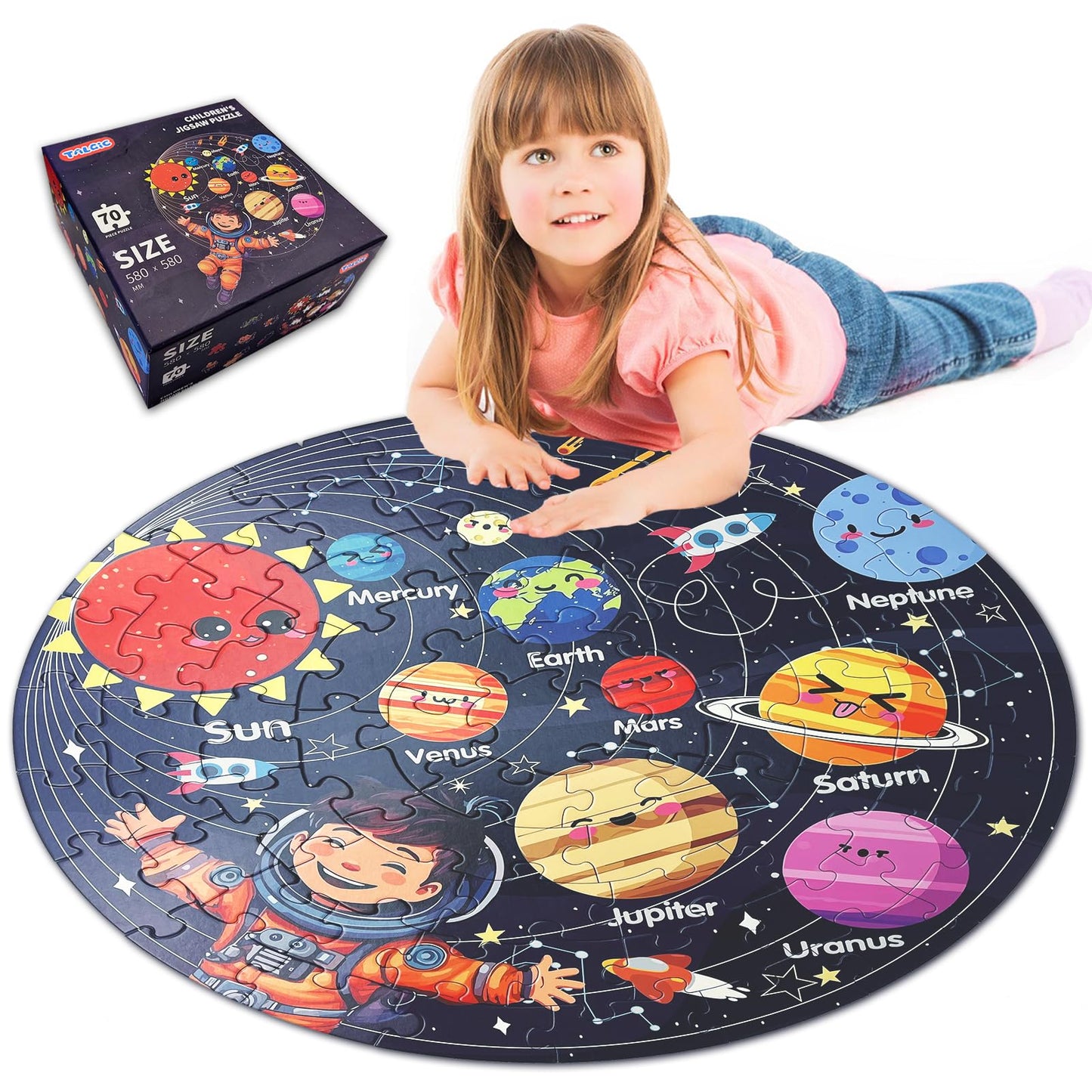 TALGIC Solar System Floor Puzzle for Kids, 70-Piece Round Jigsaw, Educational Toy for Ages 3-8, Gift for Boys & Girls