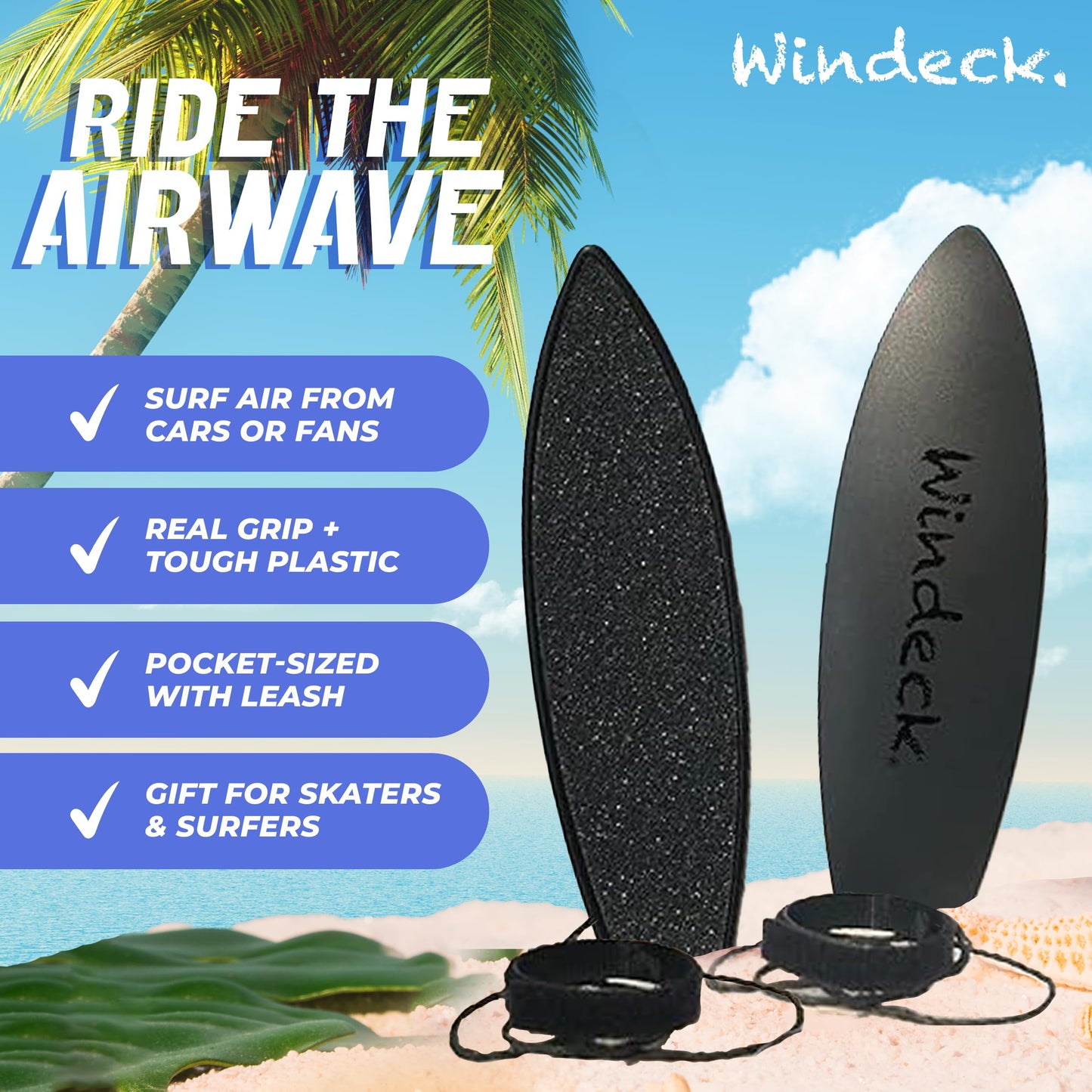 Windeck Stealth Black Finger Surfboard – Mini Handboard with Grip Tape & Leash for Air Tricks, Car Window Wind Riding, Kids & Skaters