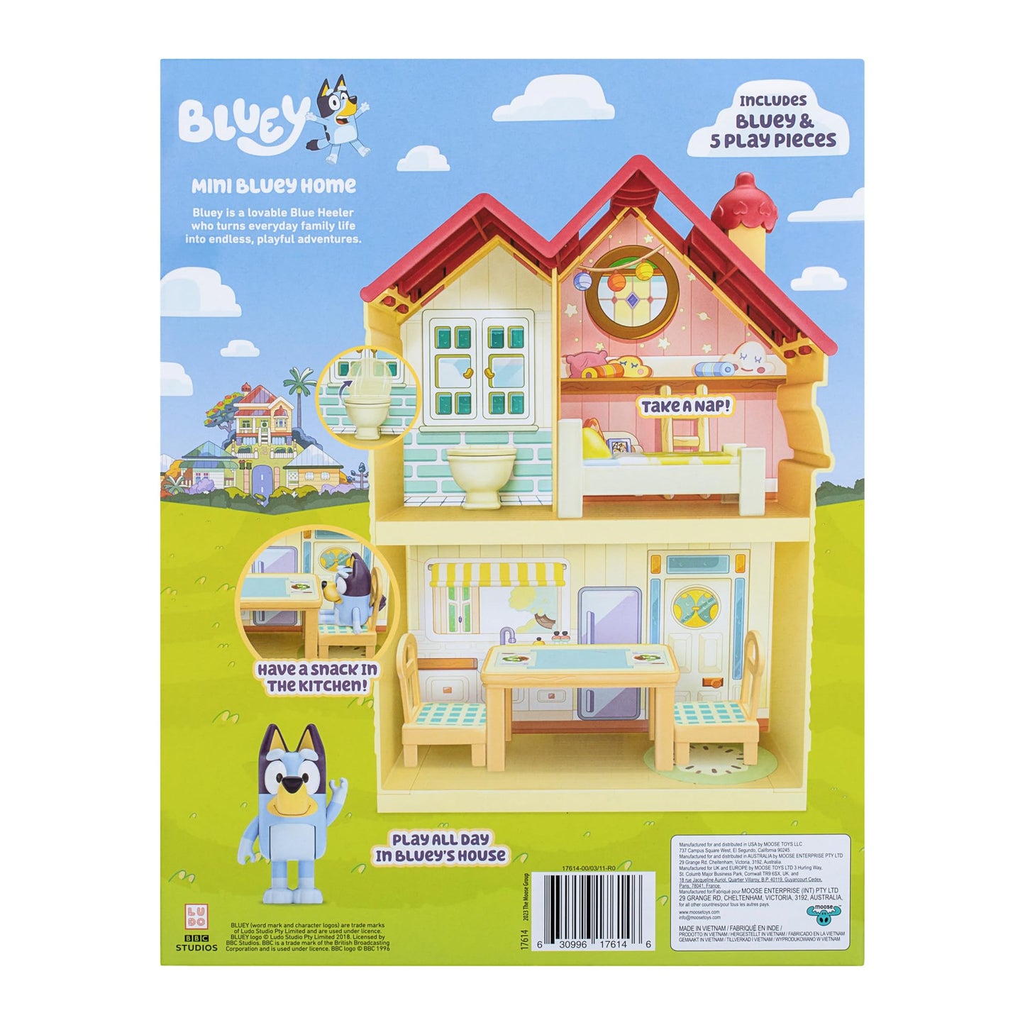 Bluey Mini Home Playset with Carry Handle – Compact House, 3 Rooms (Kitchen, Bedroom, Bathroom) + Figure & 5 Play Pieces