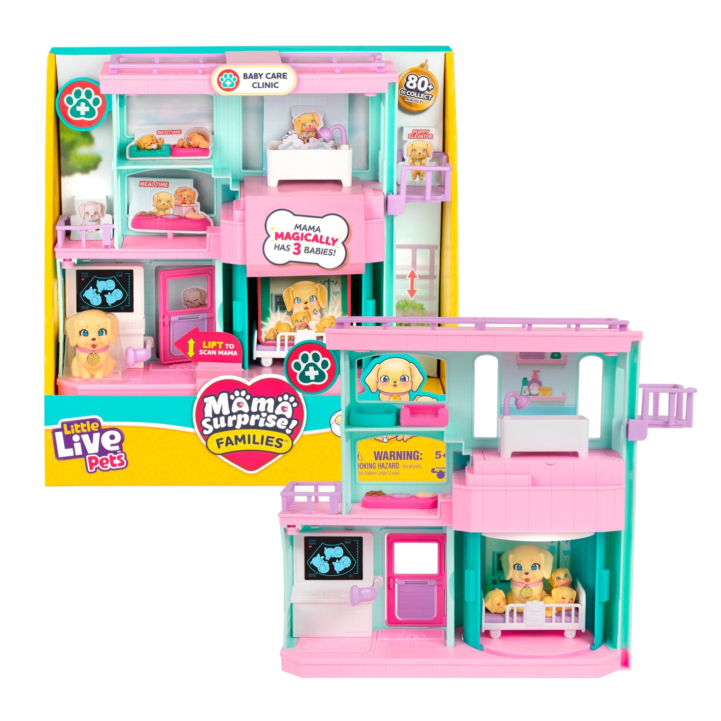 Little Live Pets Mama Surprise Families Pet Vet Playset, Baby Care Clinic Animal Hospital Play Set, 3 Puppies, Accessories, Vet Toy Gifts for Kids 5+