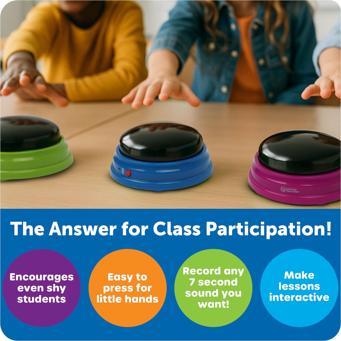Learning Resources Recordable Answer Buzzers, Set of 4, Ages 3+ | Personalized Sound Buttons for Games, Trivia, Family Fun