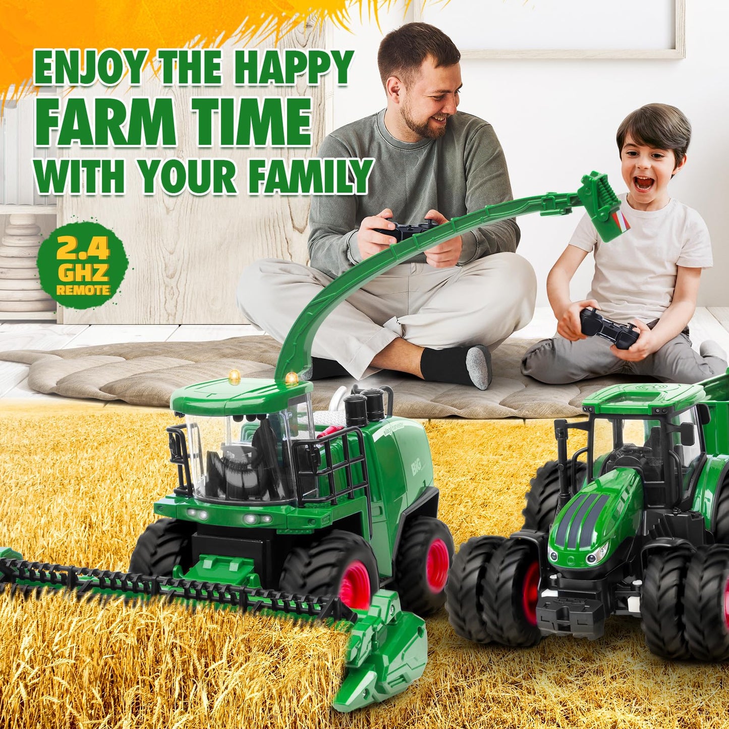 Remote Control Combine Harvester Tractor Toy 1:24 RC Farm Vehicle with Lights, 2 Grain Heads & Rechargeable Batteries for Kids 4-9