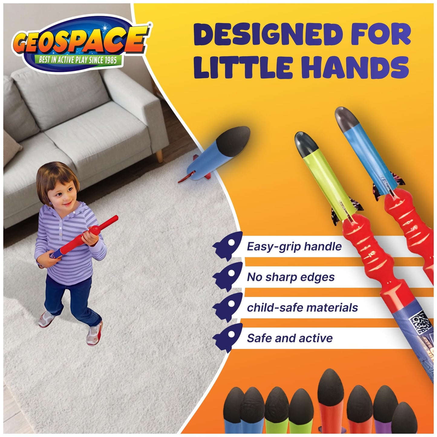 Geospace Handheld Pump Rocket Battle Pack – 2 Launchers & 10 Flying Foam Rockets, 19" Stomper Rocket Toy for Kids Boys & Girls