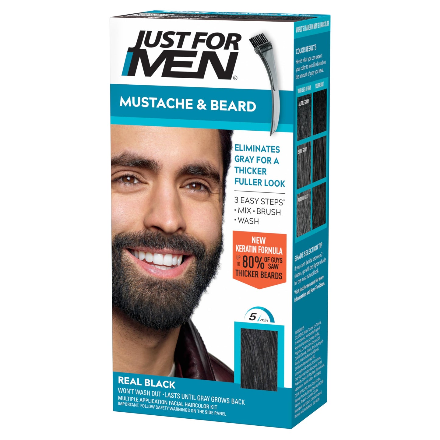 Just For Men Mustache & Beard Dye - Real Black M-55 | Includes Brush | With Keratin, Biotin, Aloe & Coconut Oil for Healthy Facial Hair, 1 Pack