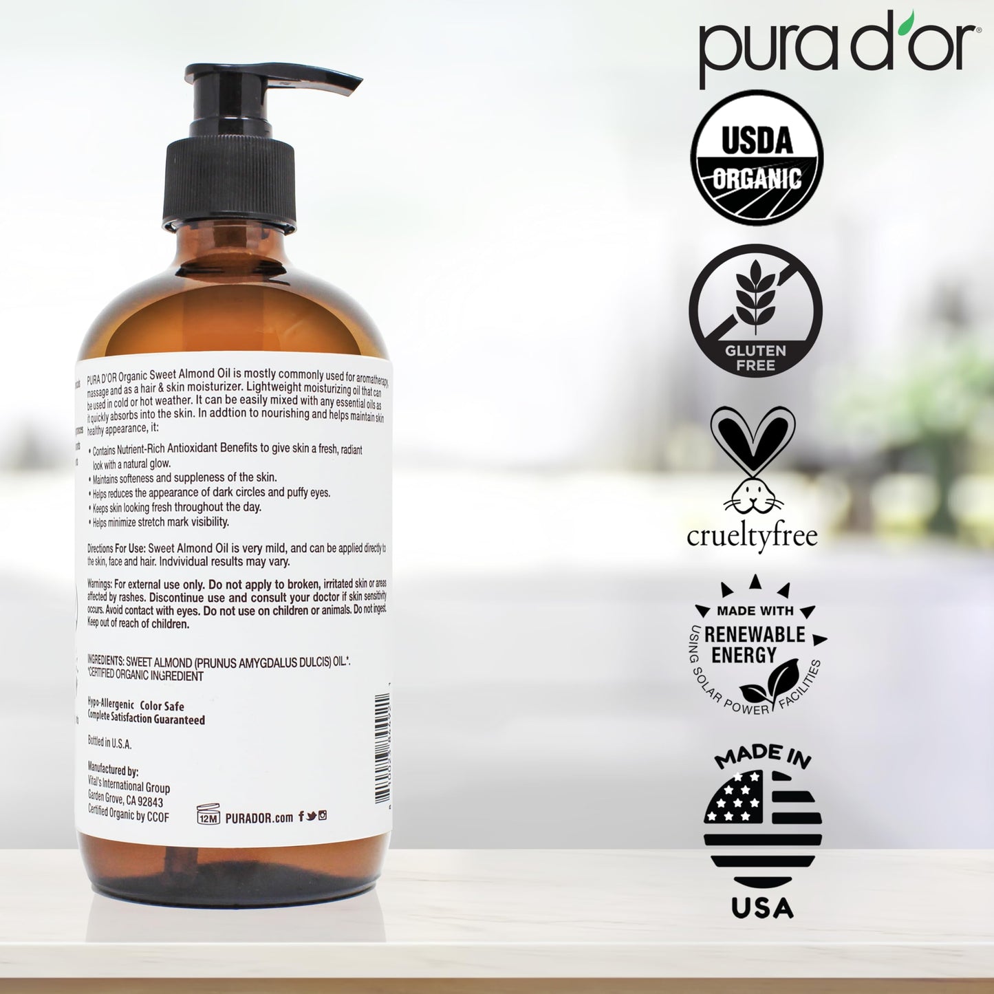 PURA D'OR 16.9oz Organic Sweet Almond Oil - 100% Pure Cold-Pressed Carrier Oil, Non-Greasy & Unscented, Hair & Skin Moisturizer, Glass Bottle
