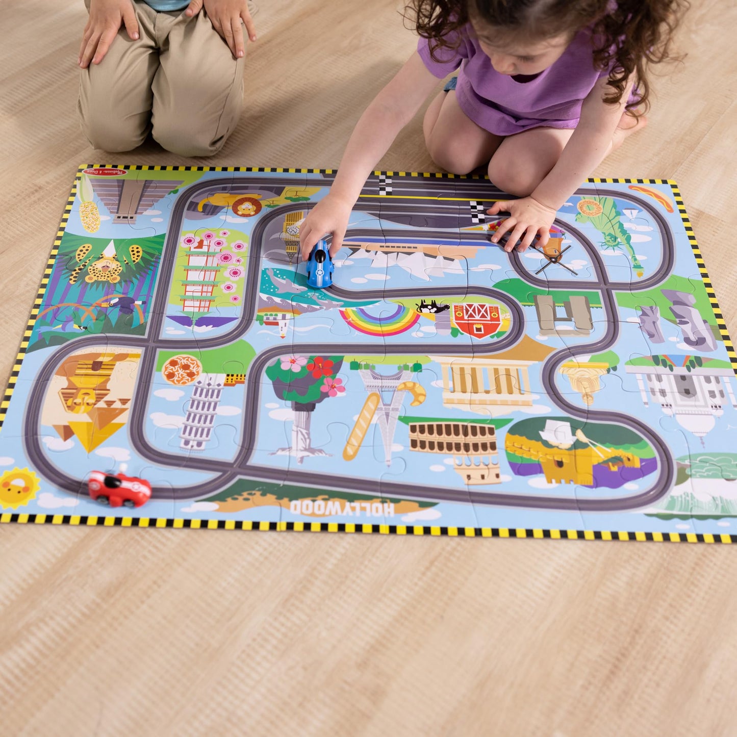 Melissa & Doug Race Around the World Floor Puzzle – 48-Piece Jigsaw with Wind-Up Vehicles, FSC-Certified, Educational Toy for Kids Ages 4+