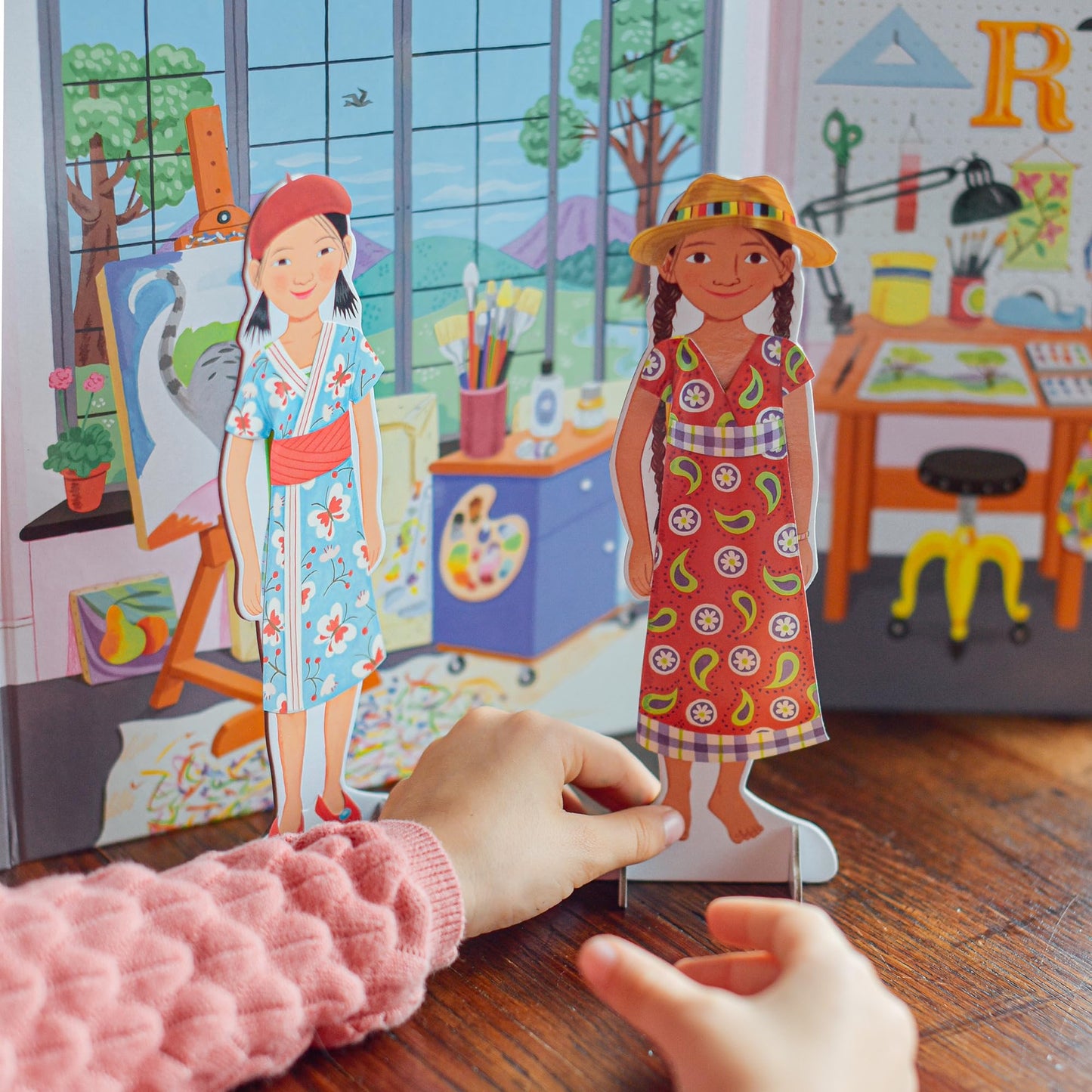 eeBoo: Musician and Artist Paper Doll Reusable Set, comes with a 2 Sided Stand-up Scene, Heavy Duty board, Perfect for Ages 5 and up