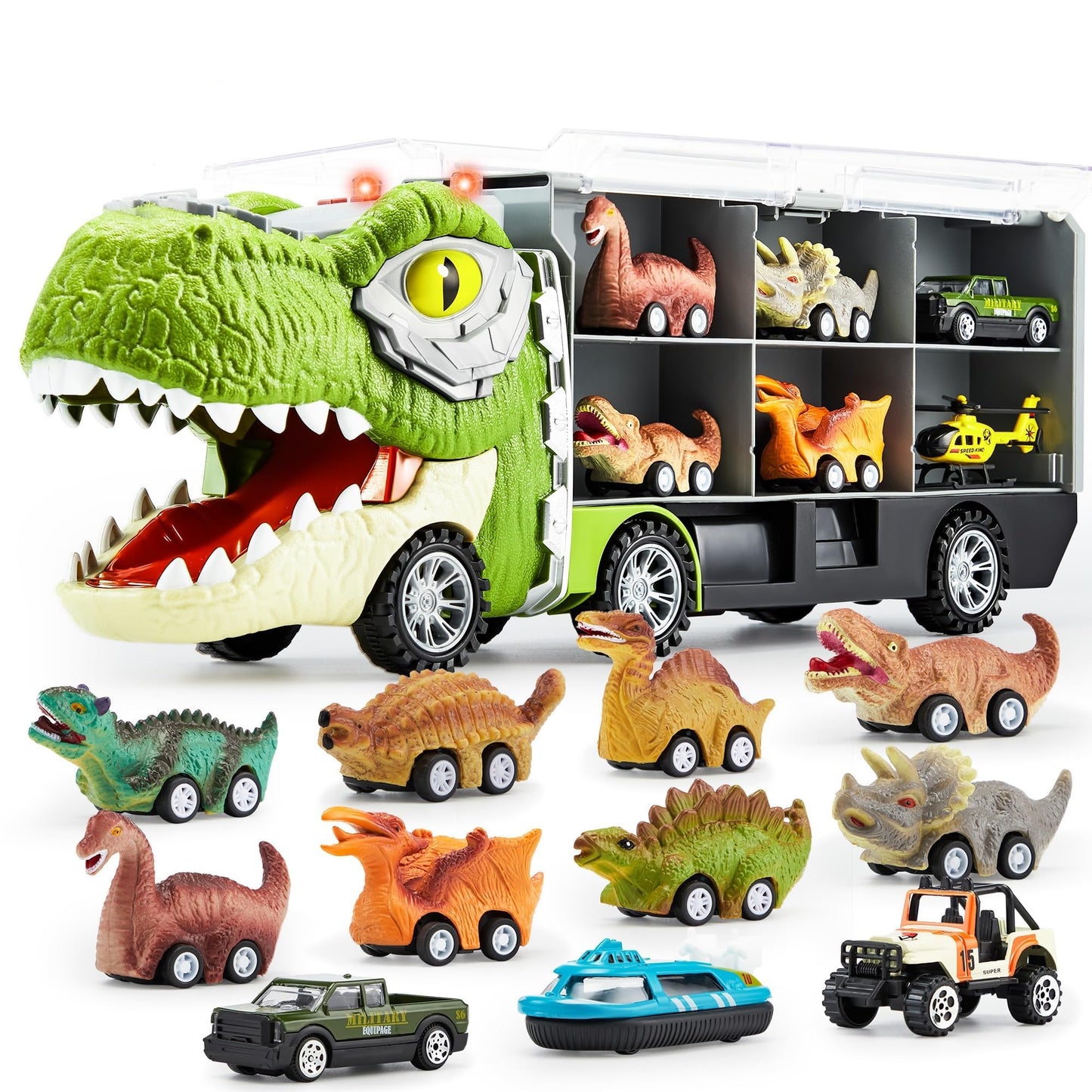 JOYIN 13-in-1 Dinosaur Toy Set for Kids 3-5 – Truck with 12 Pull-Back Cars, Transport Carrier, Birthday & Christmas Gift for Boys