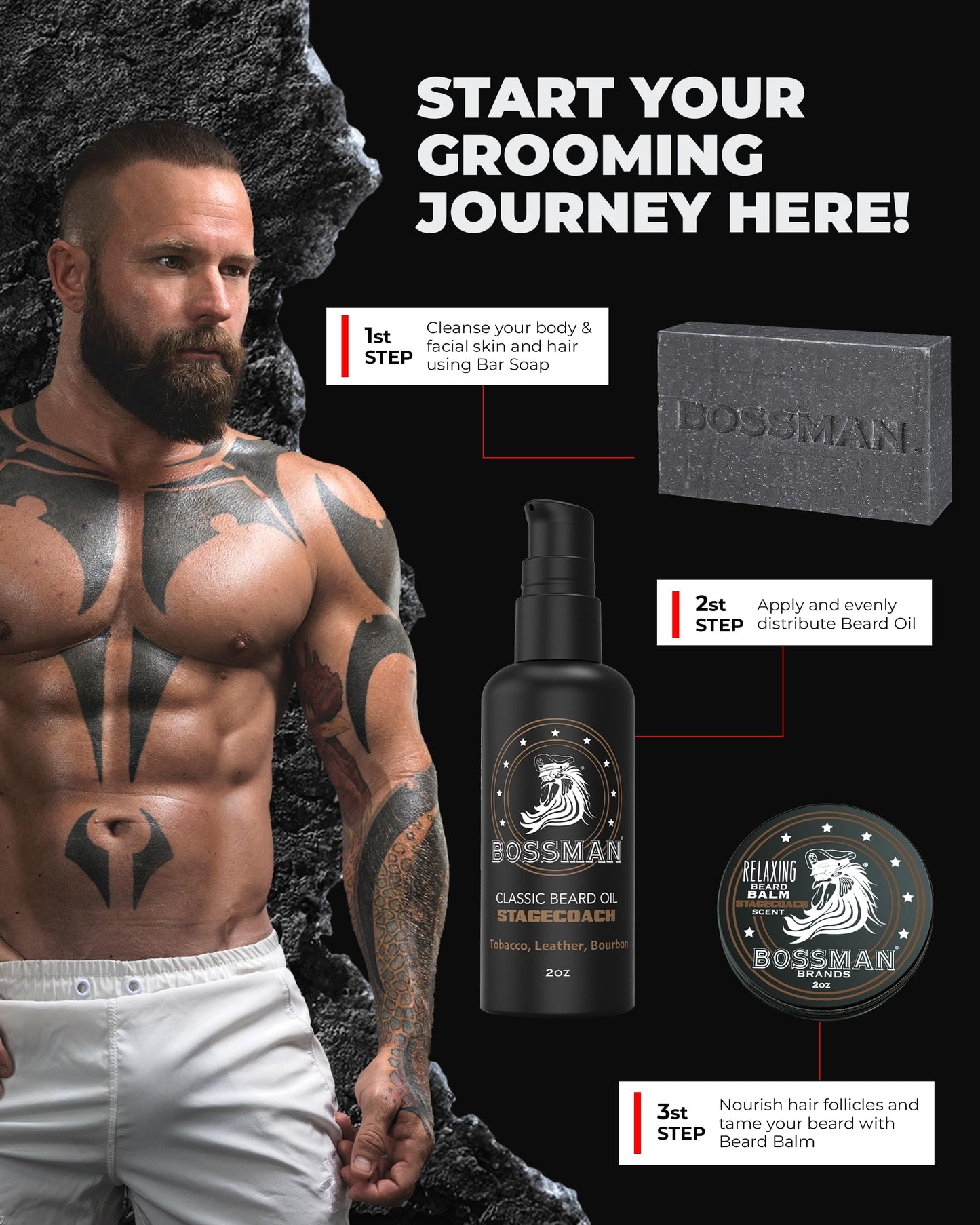 Bossman Starter Beard Kit for Men – Beard Oil (2 oz), Beard Balm & Bar Soap – Natural & Organic Grooming Kit – Made in the USA (Stagecoach Scent)