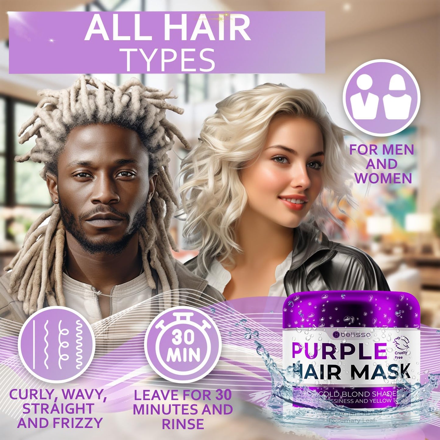 Purple Hair Mask - Deep Conditioner & Toner for Blonde, Brassy Hair - Hydrating Repair Treatment for Dry, Damaged, or Bleached Hair, Unisex