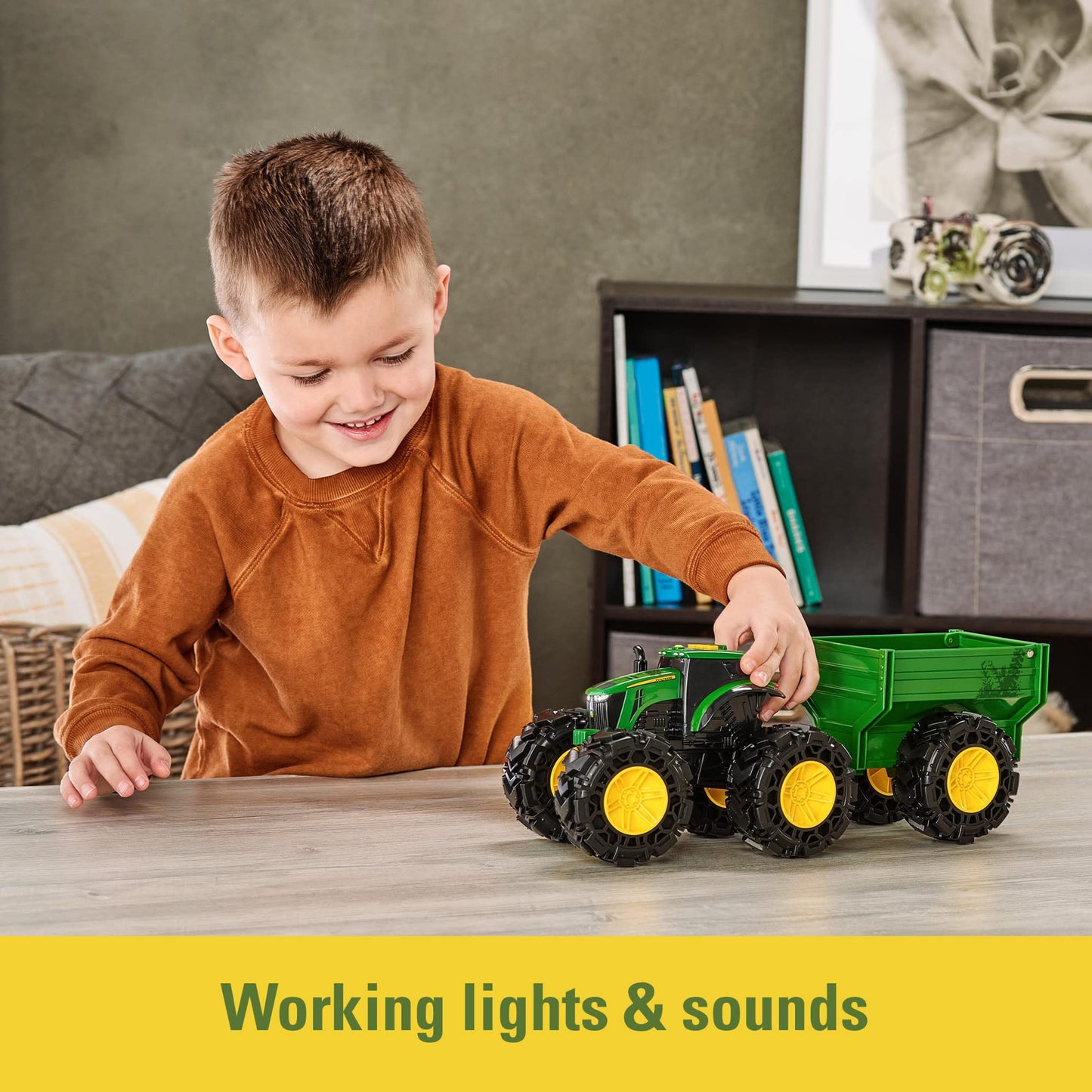 TOMY Monster Treads - John Deere Tractor Toy and Wagon - Includes Lights, Sounds, and Monster Truck Tires - John Deere Farm Toys - Ages 3 Years and Up