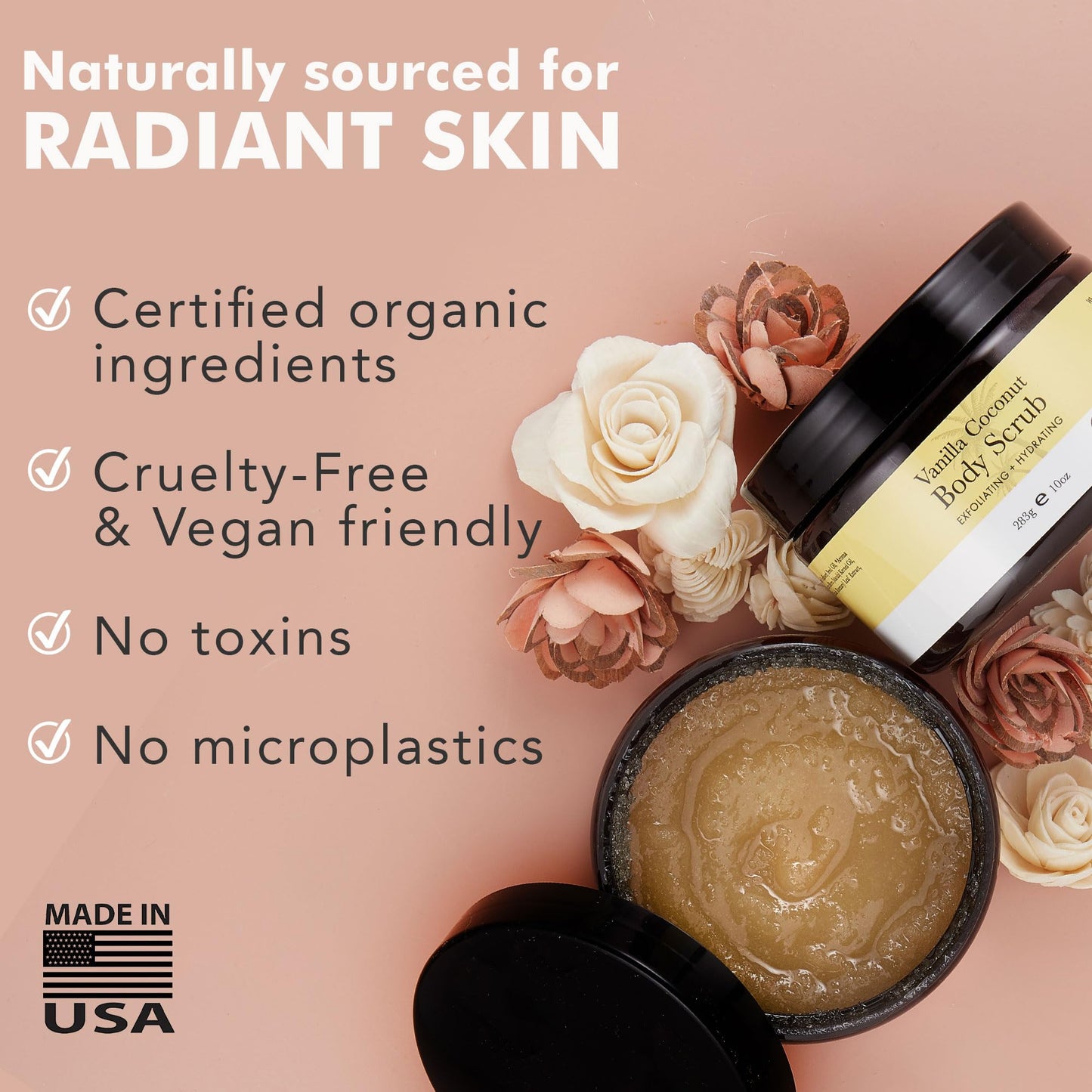 Organic Vanilla Coconut Body Scrub – USA-Made Sugar Exfoliator for Dry & Sensitive Skin, Moisturizes, Removes Dead Skin & Ingrown Hair