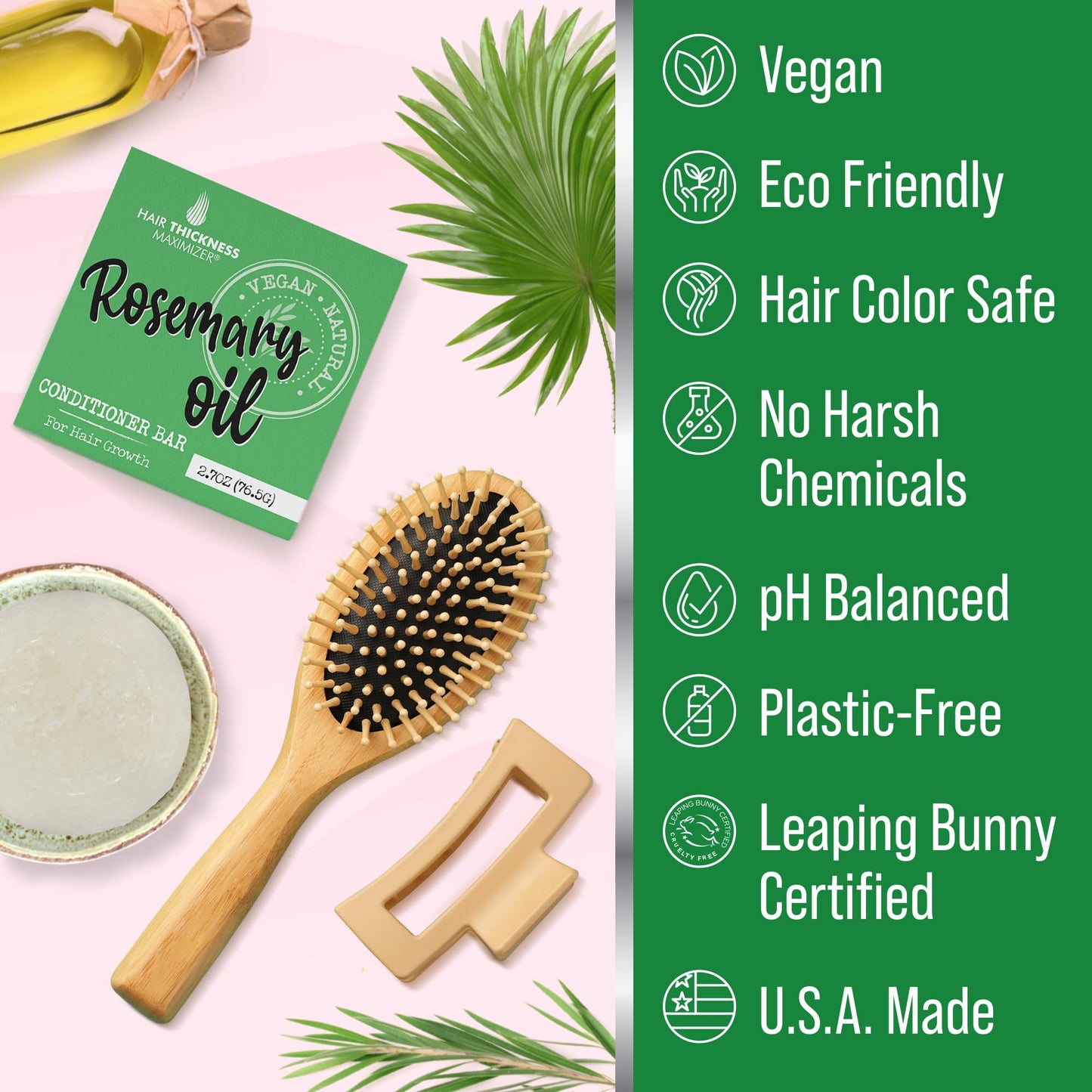 Rosemary Oil Hair Growth Conditioner Bar | Eco-Friendly, Vegan, Color Safe, pH Balanced | Strengthens & Hydrates Dry Hair | Zero Plastic | USA Made