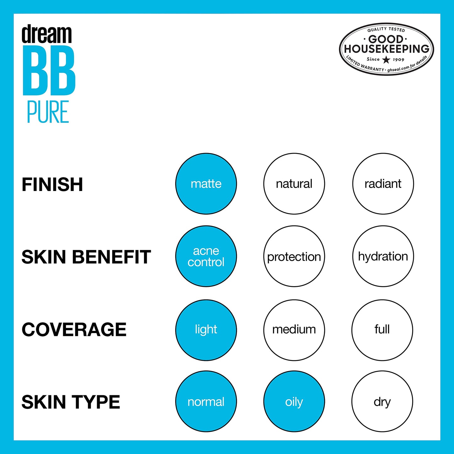 Maybelline Dream Pure BB Cream, 8-in-1 Skin Perfecting Beauty Balm with 2% Salicylic Acid, Oil-Free Sheer Tint for Acne-Prone Skin, Medium, 1 Count