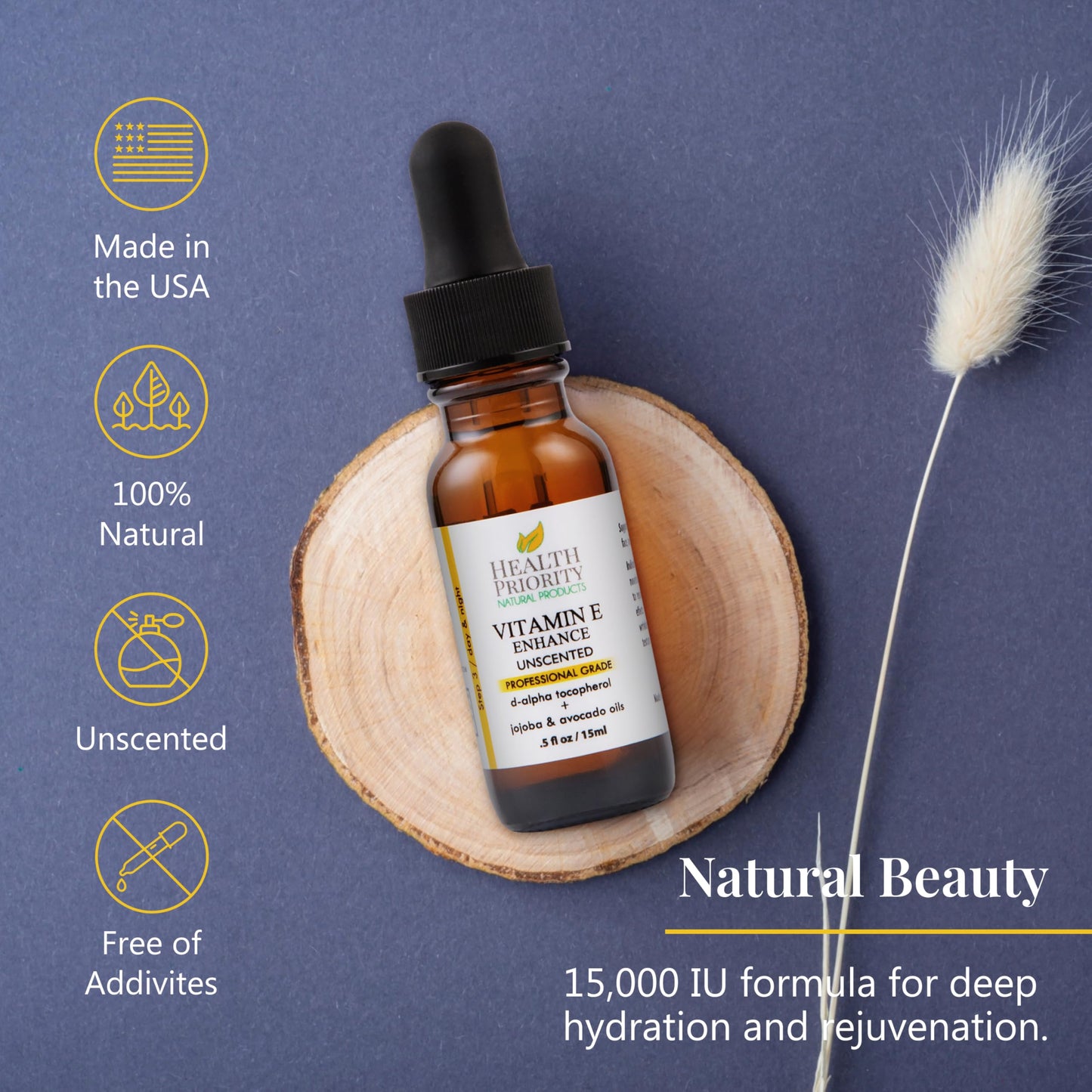 Health Priority Naturals Organic Vitamin E Oil 0.5oz – 15000 IU Serum with Jojoba & Avocado for Skin, Hair, Face, Unscented, Non-GMO