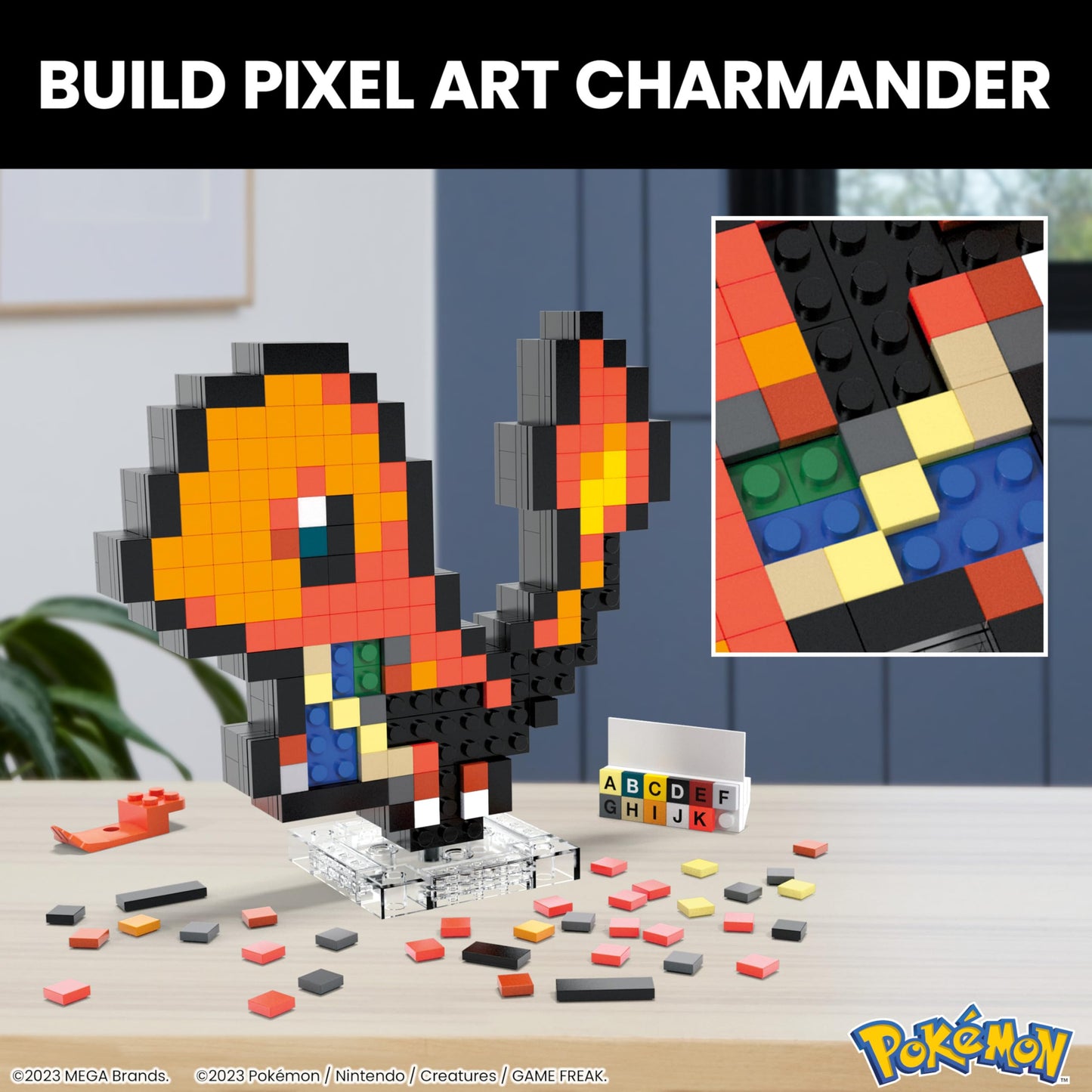 Mega Pokémon Glumanda HTH76 - Buildable Retro Pixel Art Figure with Wall Mount Base for Adult Builders and Collectors