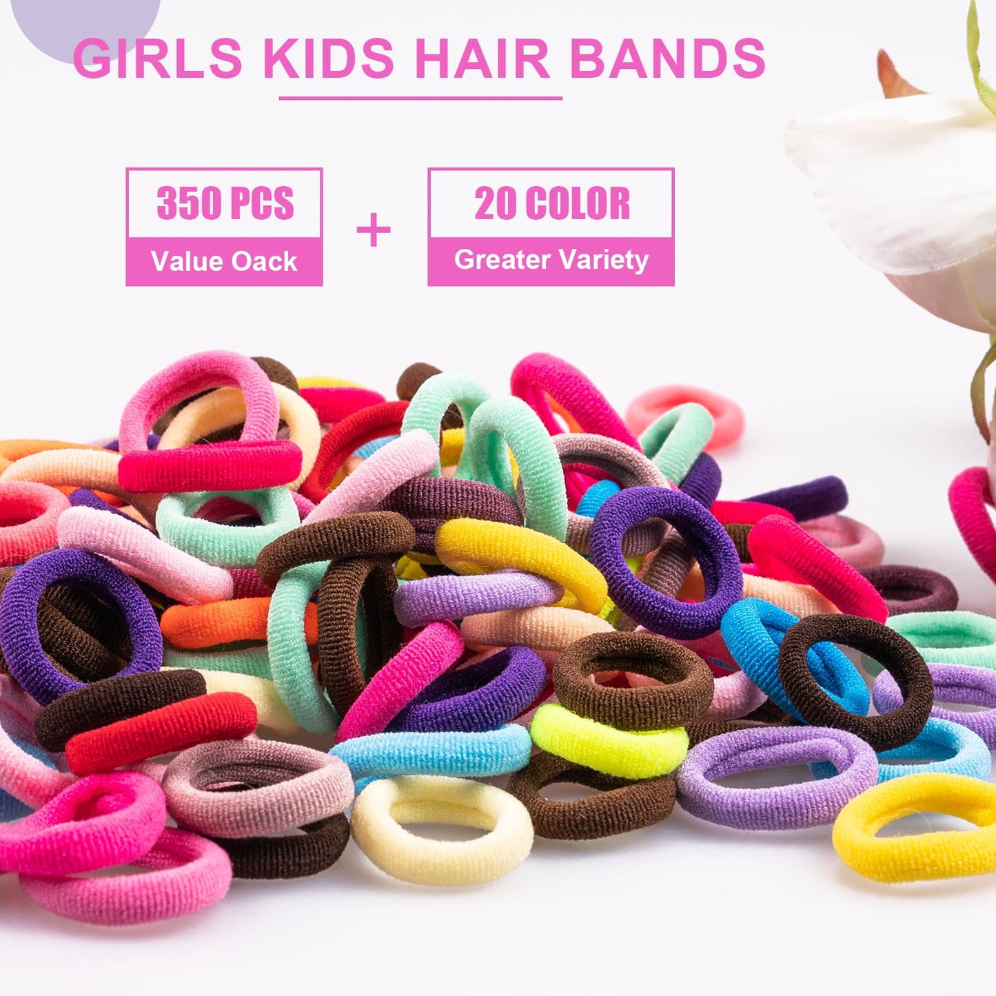 TVINLIK 350 PCS Multicolor Cotton Hair Ties – Small Baby Hair Elastics for Kids and Girls, No Crease Finger Ponytail Holders (20 Colors)